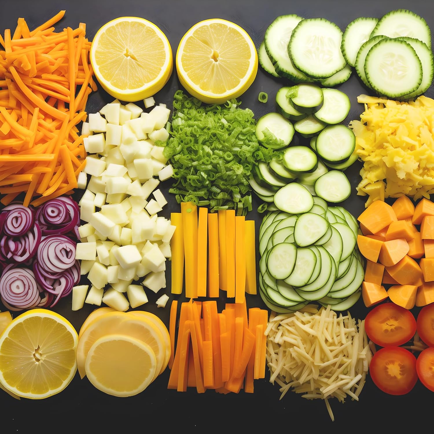 A variety of freshly cut vegetables and fruits arranged on a dark surface, showcasing different slicing and dicing capabilities of the VEGGURU slicer.