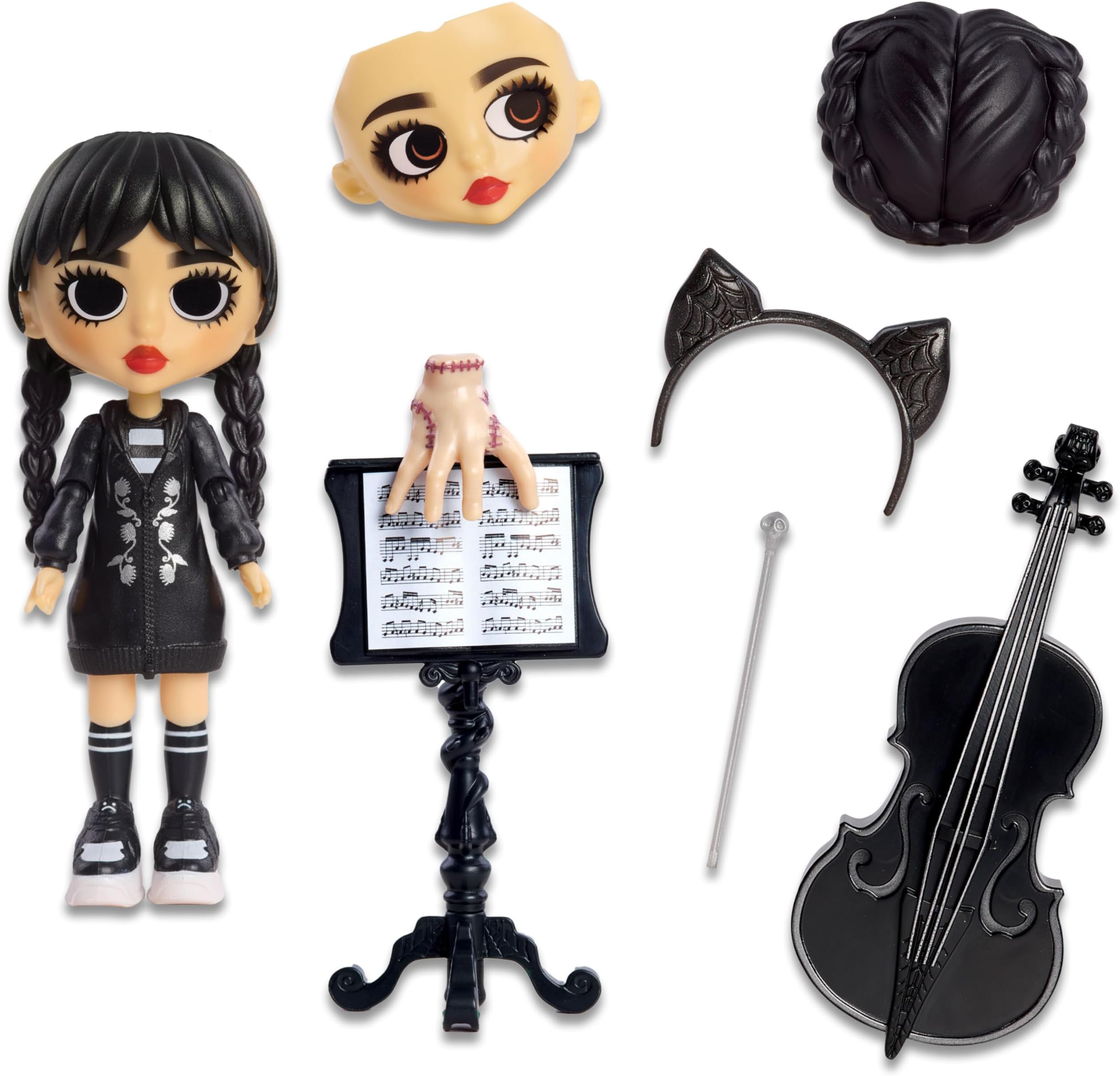 Just Play Wednesday Deluxe 6-inch Articulated Figure, 11-Pieces, Interchangeable Face Plates and Fashion, Customizable Collectible Figurine, Kids Toys for Ages 3 Up