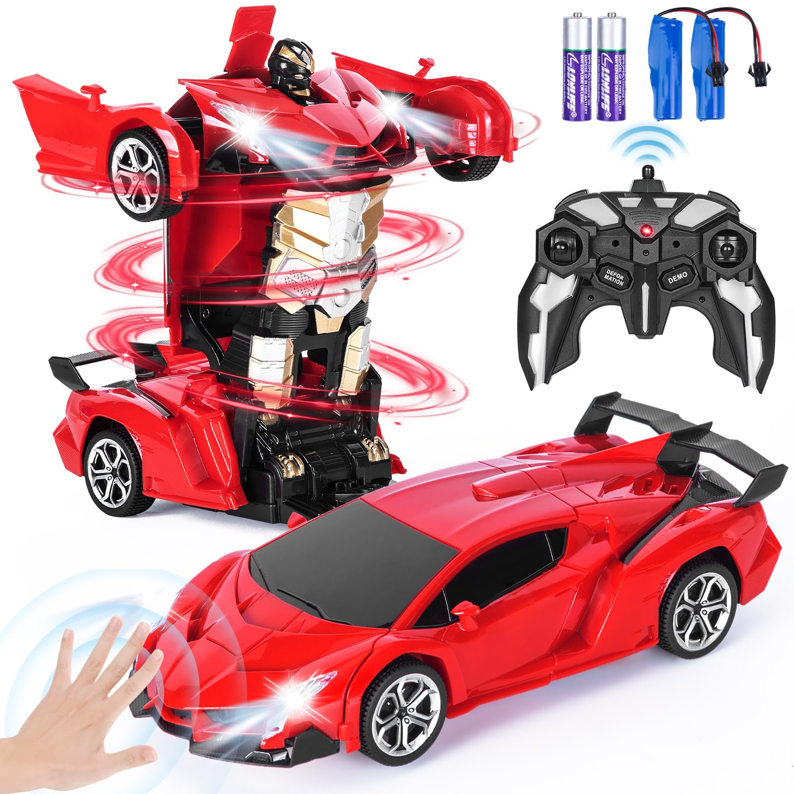 Highttoy Ferngesteuertes Roboter Auto Kinder mit Gestenerfassung, Licht & Musik, 2.4GHz 360° Drehung 1:18 Verformung Roboter Auto Spielzeug Geschenk ab 3 4 5 6 7 8 Jahre Jungen Mädchen, Rot
