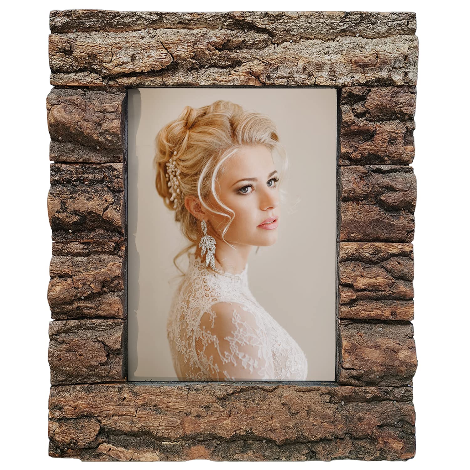 IKEREE 4x6 Rustic Wood Picture Frame with Real Barkï¼ŒSolid Wood High Definition Glass,Tabletop or Wall Mounting for Farmhouse Decor.