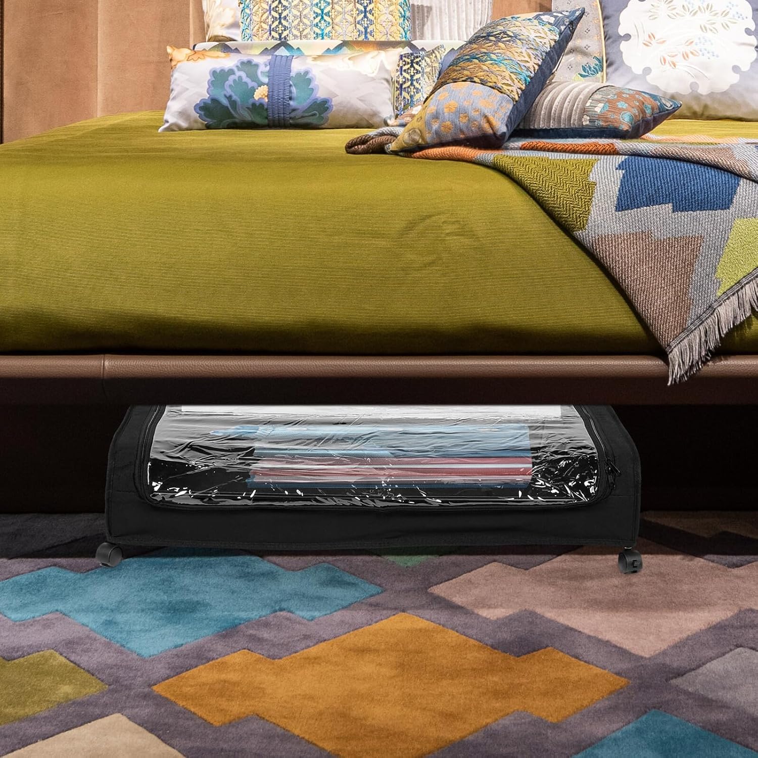 Toyvian Bed Storage Cart with Wheels and Lid Large Iron Frame Clothes Organizer with Fabric Base Rolling Storage Bin for Shoes and Books