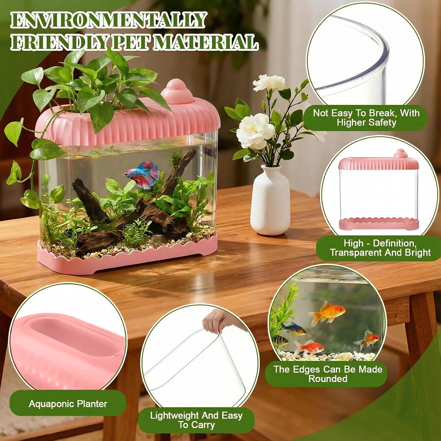 Geelin Pink 2 Gallon Plastic Aquaponic Betta Fish Tank Large Bowl Shatterproof Small Ecosystem Aquarium with Secure Buckle Lid, Clear Clarity for Terrarium, Flower Vase Betta Fish Tabletop Gifts