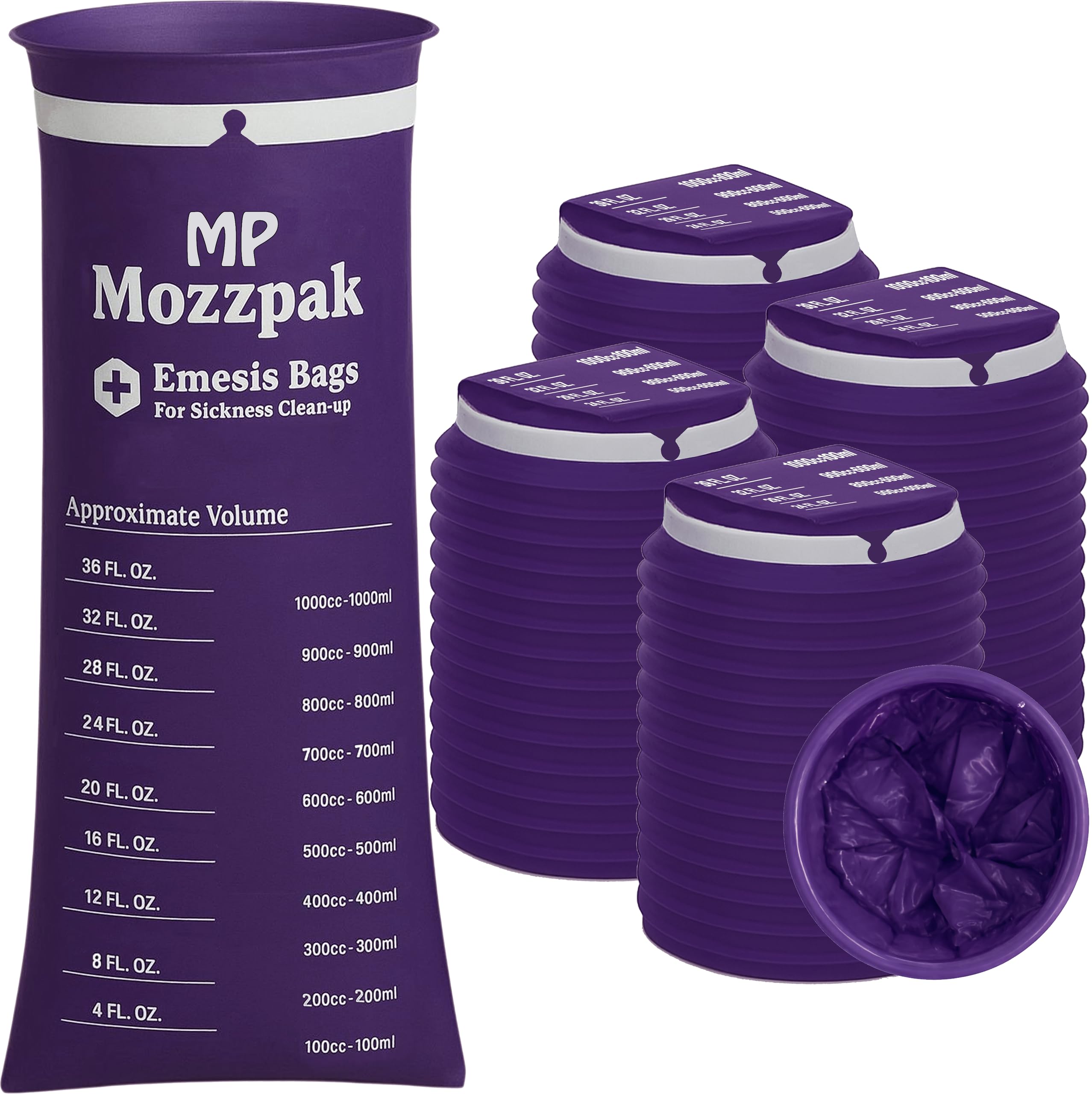MP MOZZPAK Vomit Bags Disposable 100 Pack - 1000ml Emesis Bags, Leak-Proof Barf Bag, Travel Friendly Puke &amp; Nausea Bag for Motion Sickness, Medical Grade Throw up Relief for Car, AirPlane, &amp; Road Trip