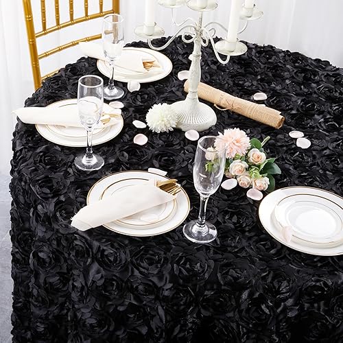 Miniatura 3 de QueenDream Mantel rectangular negro de 90 x 132 pulgadas con rosetón para decoración de mesa de recepción de boda