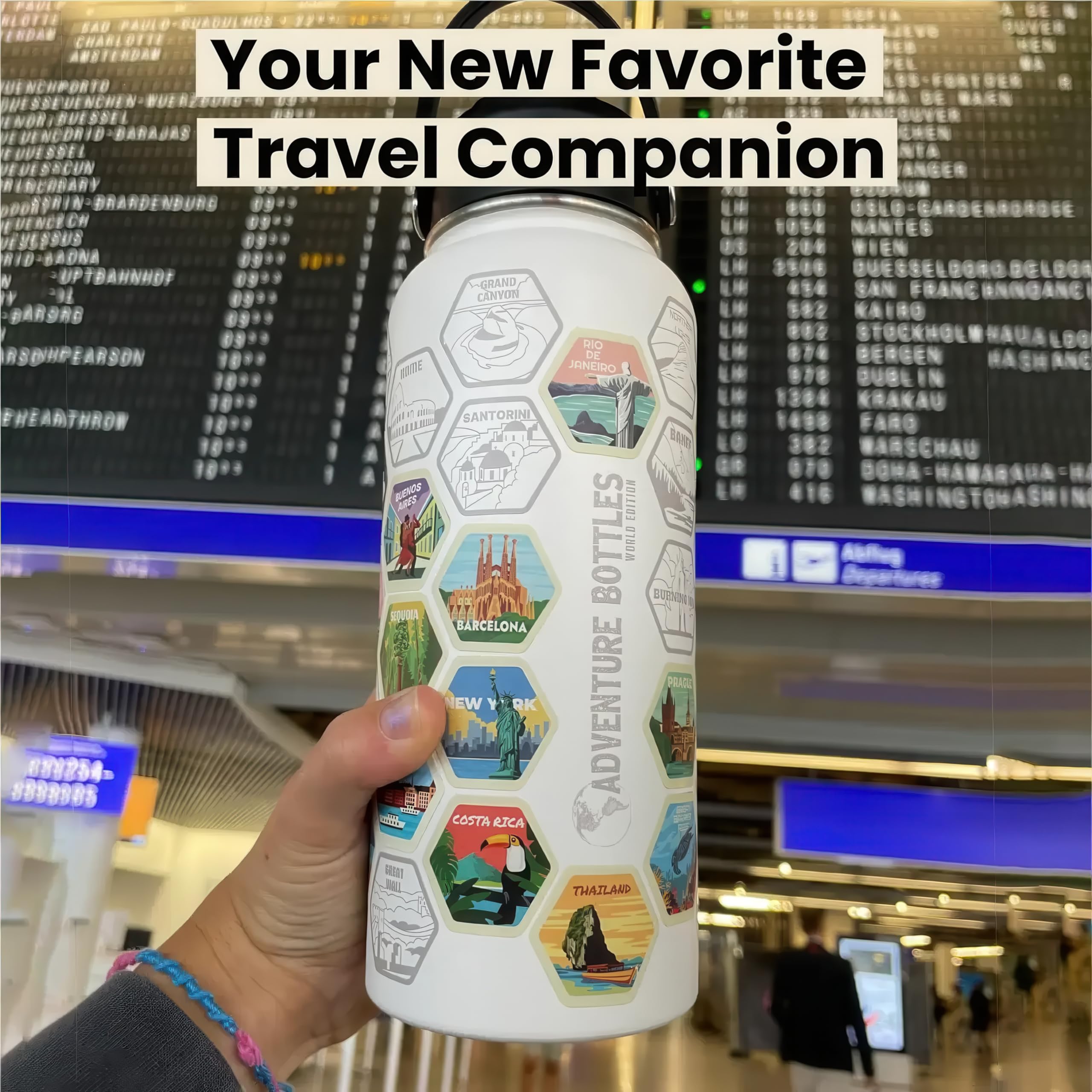 Awesome Maps Adventure Bottle - Personalisierbare Trinkflasche Reise Stickern, 1L Edelstahl, BPA-frei, auslaufsicher - Reise Geschenk für Männer und Frauen