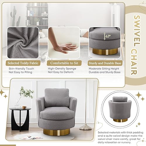 Miniatura 4 de Silla giratoria tapizada, cómoda silla de acento con almohada lumbar, silla redonda giratoria de 360, moderno sofá de sherpa, sillón de club para