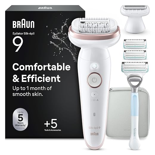 Braun Silk·épil 9 Electric Epilator Woman, 9-130 White/Flamingo | Venus Intimate Area Razor Set with Trimmer Comb and Case, Water Resistant, Durable Smooth Hair Removal