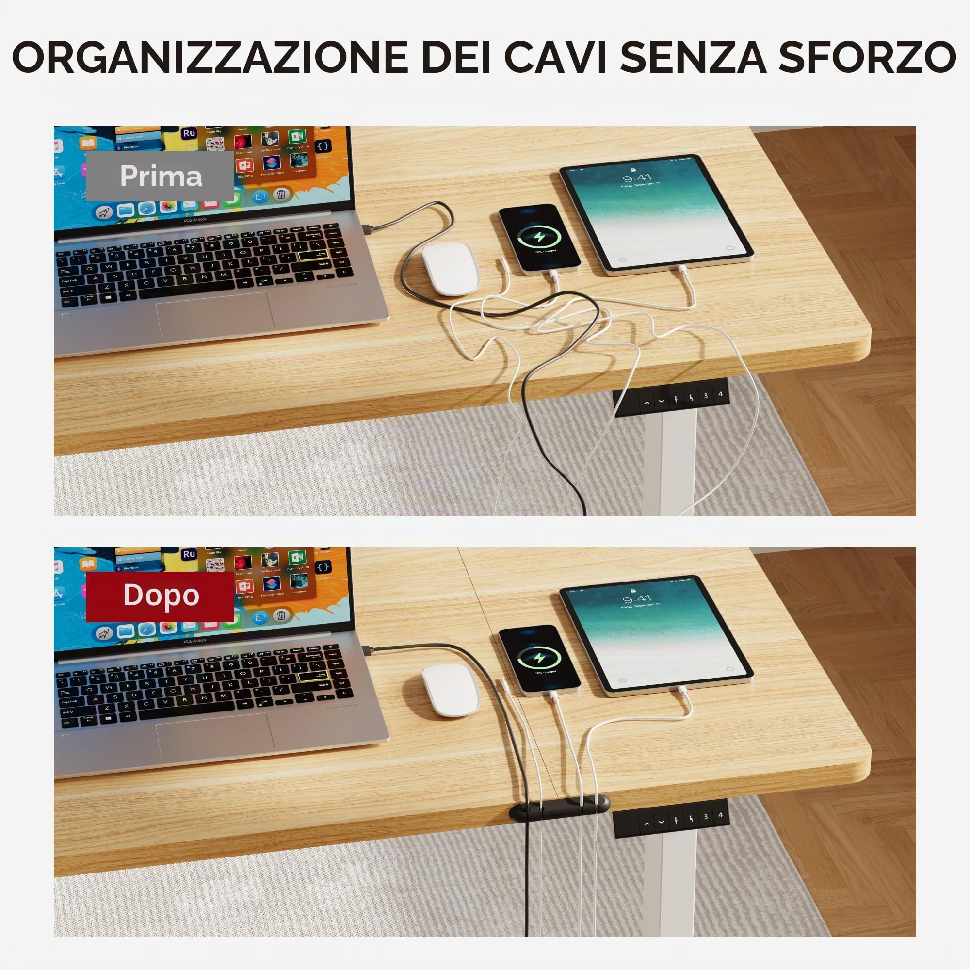 SANODESK Scrivania Regolabile in Altezza con Piano Completo – Inclusi 4 Accessori: Portabicchieri, Gancio, Contenitore e Gestione Cavi, con Funzione di Memoria, per Ufficio e Tempo Libero