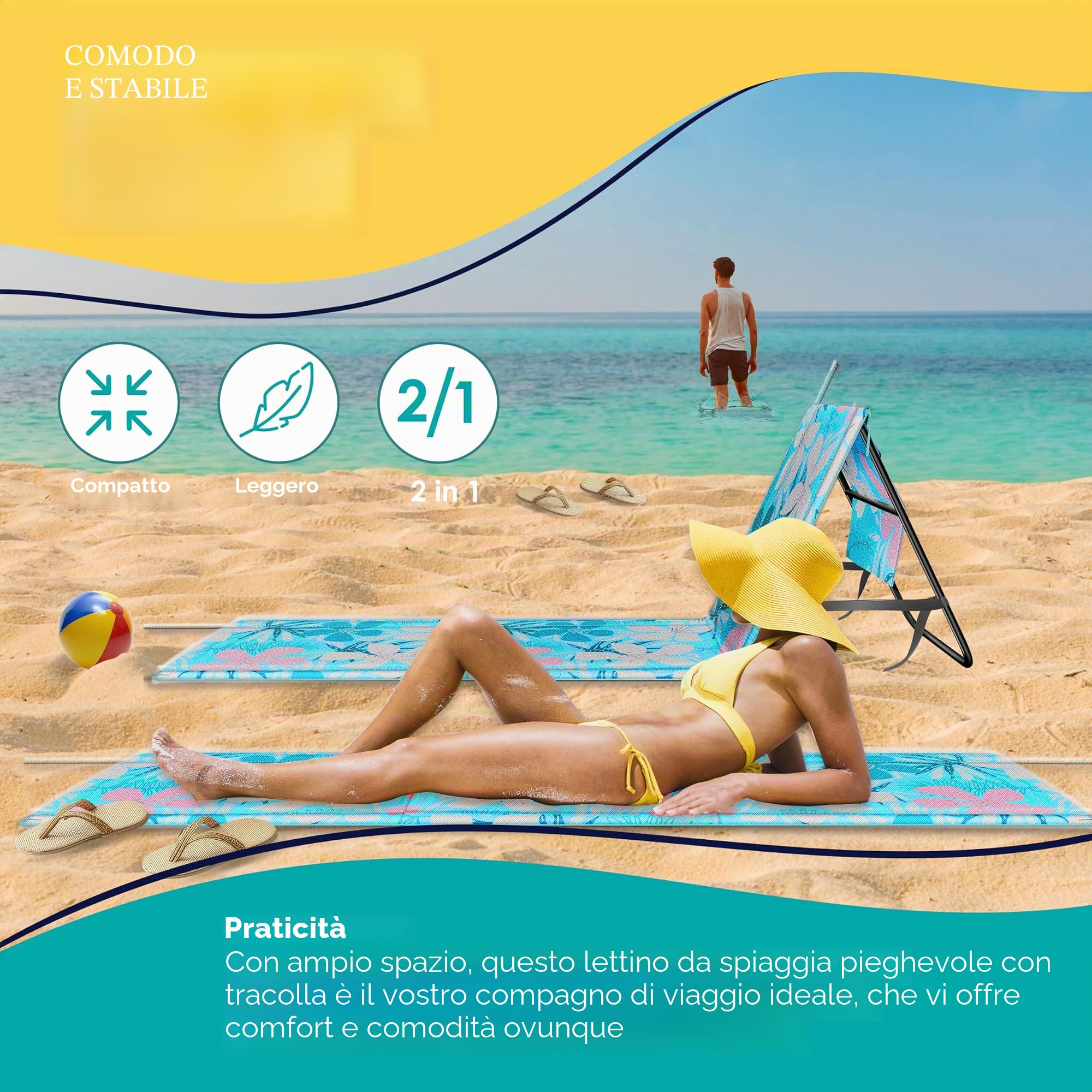 KESSER® Lettino da spiaggia pieghevole con schienale regolabile – Lettino da spiaggia pieghevole con tracolla e borsa, portata massima 130 kg – Lettino prendisole per spiaggia, giardino e terrazza