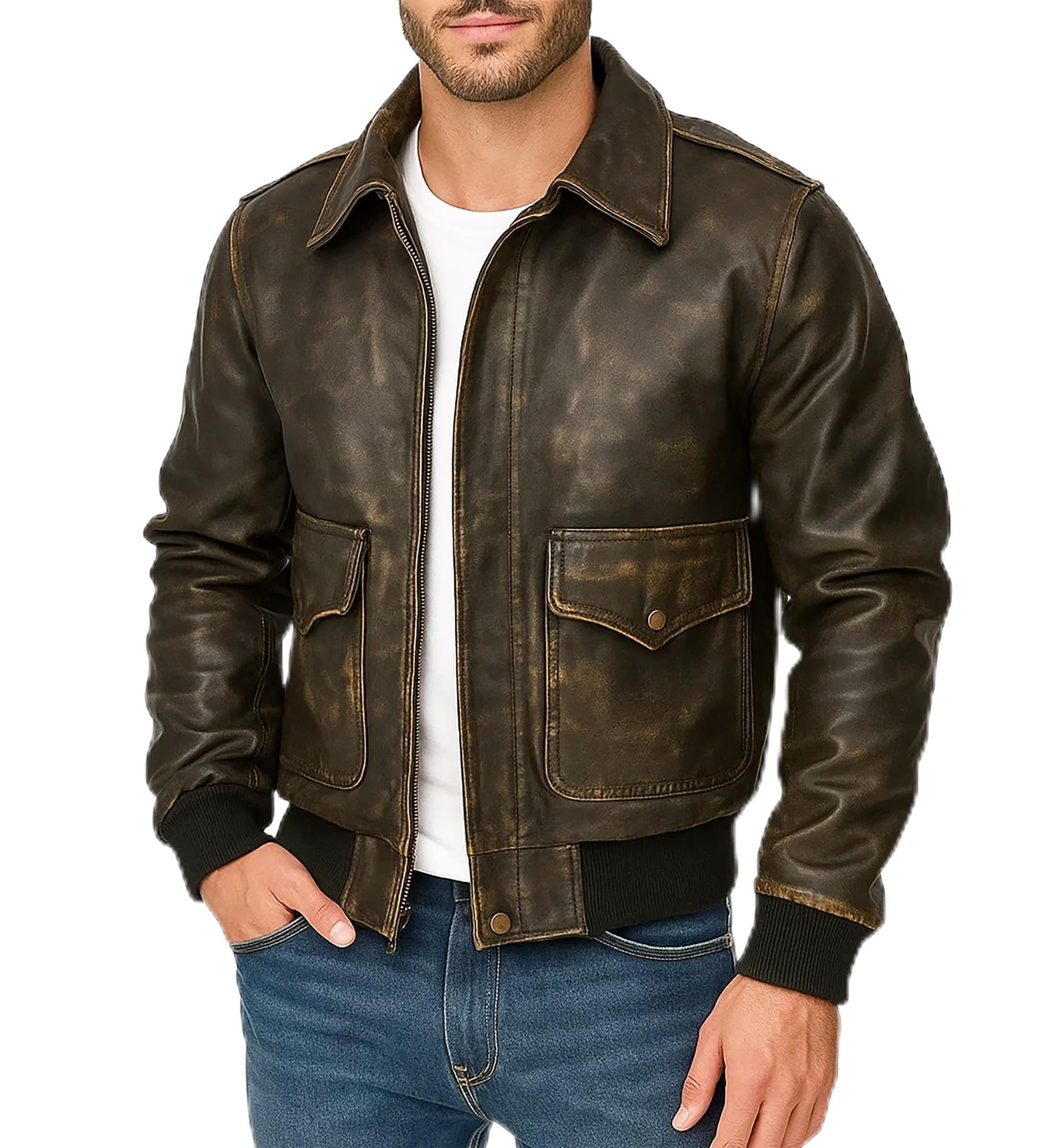SpazeUpA2 Leather Jacket Men - Air Force Pilot Flight Distressed Brown Leather Jacket Men