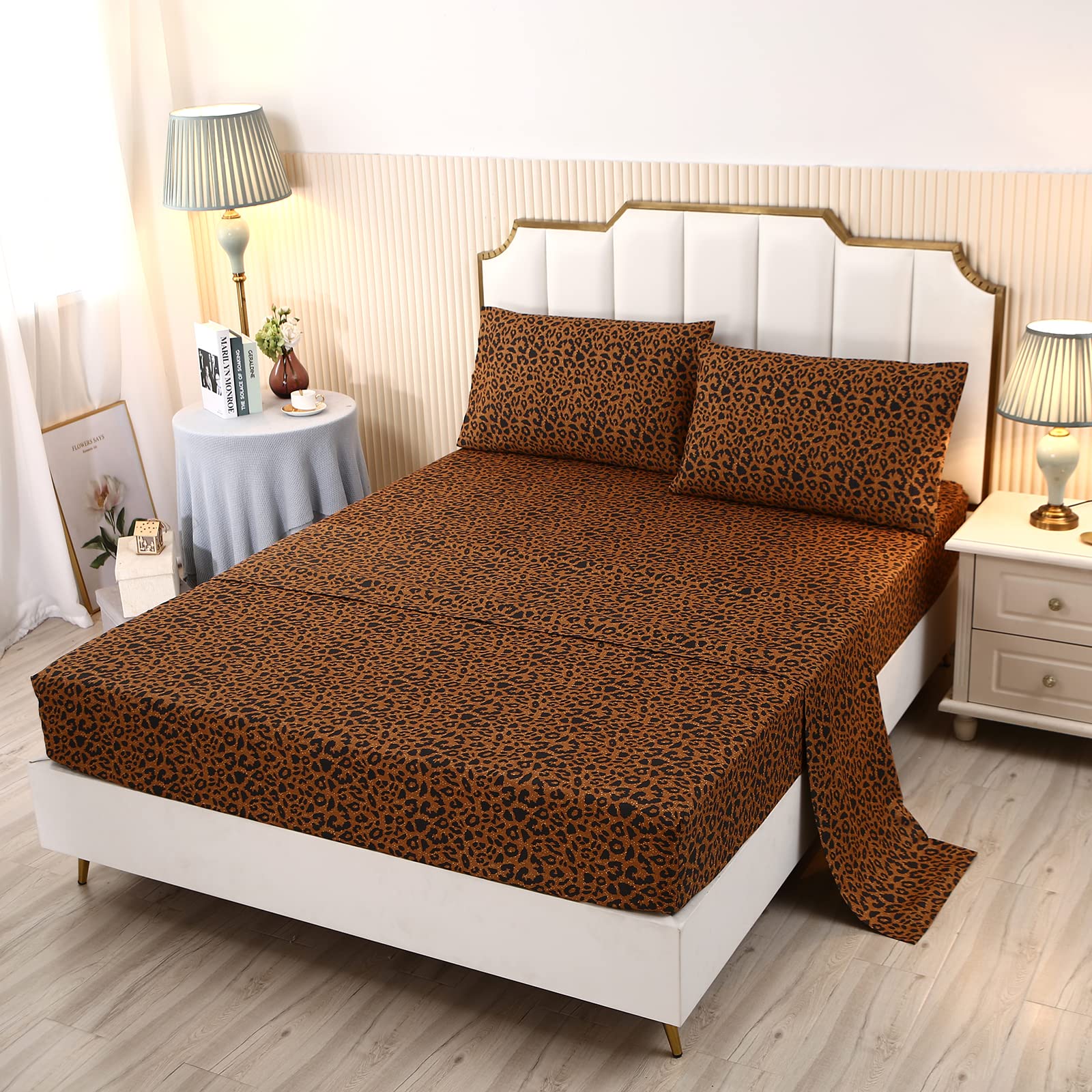 SDY Leopard Print 4PCS Bedding Sheets Set, Queen Size, Includes 1 Fitted Sheet, 1 Top Flat Sheet, 2 Pillowcases, Leopard Pattern, Solid Colored Fabrics, 4 Piece Set