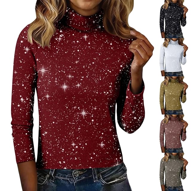 Sparkly Sequin Tops Womens Turtleneck Dressy Casual Long Sleeve Shirts Slim Fit Thermal Undershirts Holiday Clothe