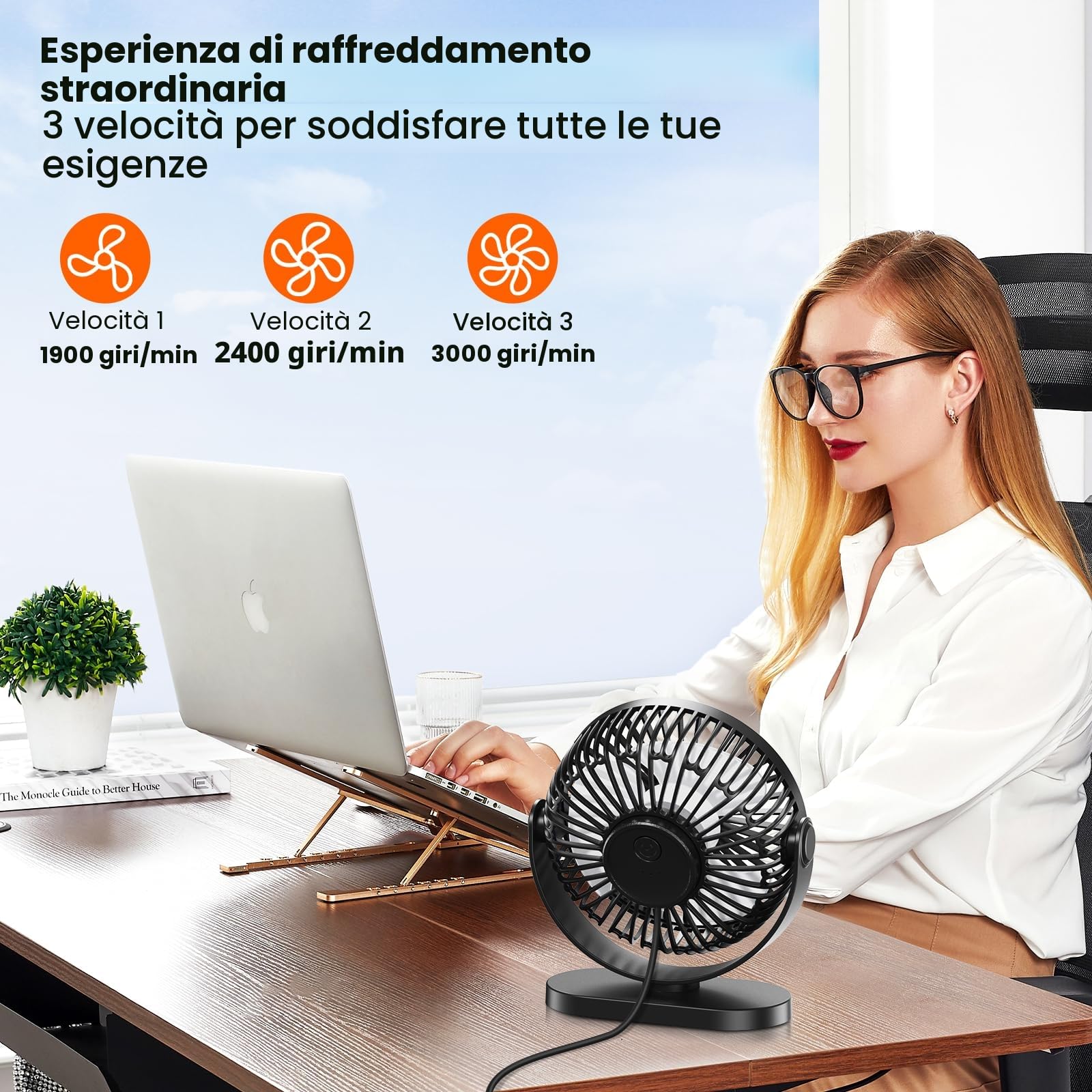Ventilatore da Tavolo, 3 Velocità Ventilatore da Scrivania USB A con Gancio, 2.5W 360°Girevole Ventilatore Silenzioso, Mini Ventilatore Portatile per Ufficio, Cucina, Casa, Comodino, PC, Scrivania