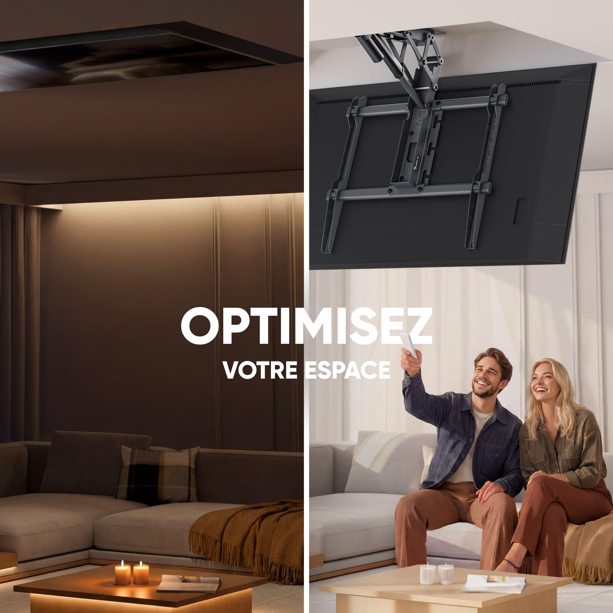 ONKRON Support TV Plafond Motorisé pour 50-75 Pouces Téléviseur Jusqu’à 40 kg, Support Tele Motorisé VESA 200x200-600x600, Accroche Tele Electrique, Fixation Television sous Pente Noir N3LE-B
