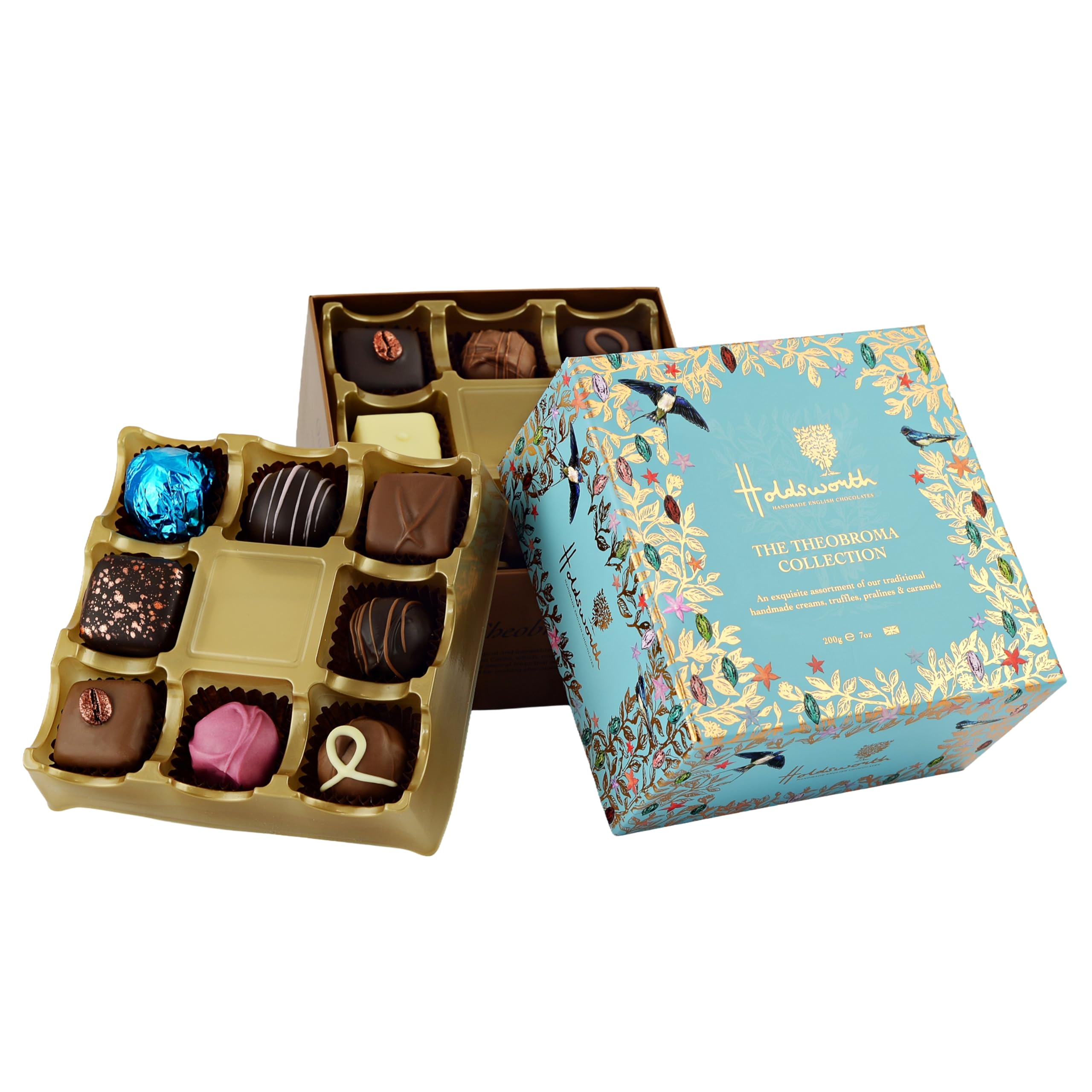 Holdsworth Chocolates Gift Box Theobroma Collection - Classic Assortment of Handmade Creams, Truffles, Pralines and Caramels Coated in Milk, White & Dark Chocolate 200g