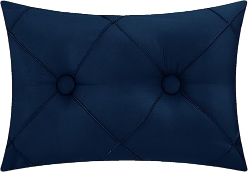 Miniatura 4 de Mykonos - Juego de edredón de 20 piezas a rayas con volantes en relieve, Queen, azul marino