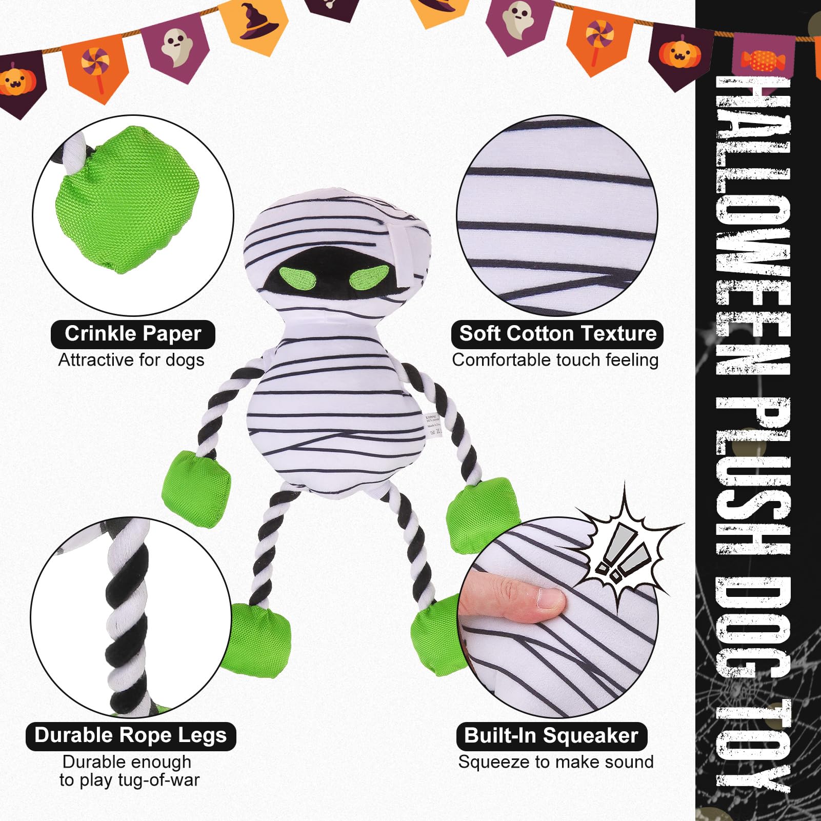 EXPAWLORER Halloween Dog Toy, Mummy Zombie Squeaky Dog Toys Interactive with Crinkle Paper - Image 3