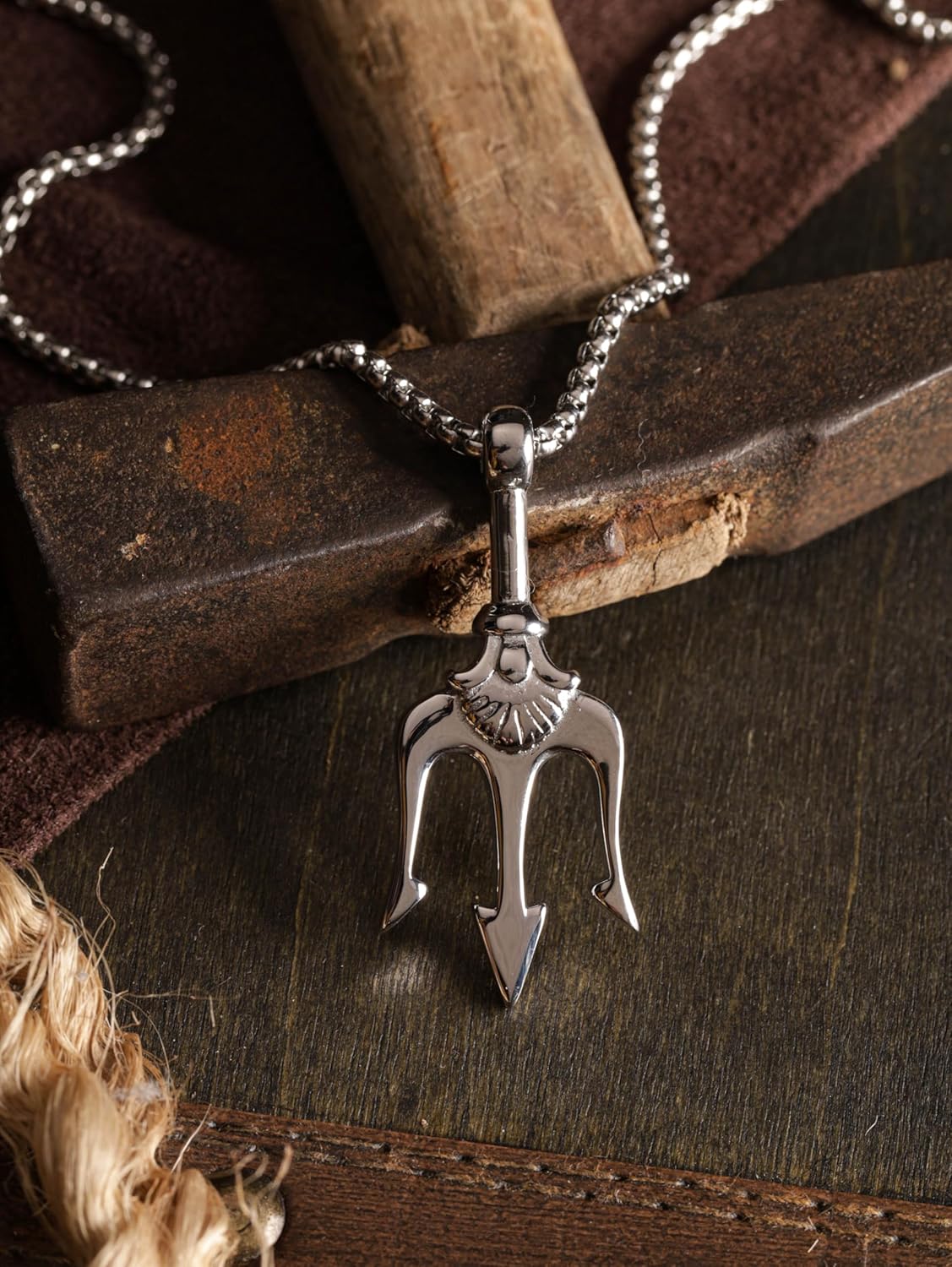 HAQUIL Triden Necklace, Silver Plated Stainless Steel Poseidon Triden Pendant, Box Chain, Ocean Jewelry Gift for Men - Image 4