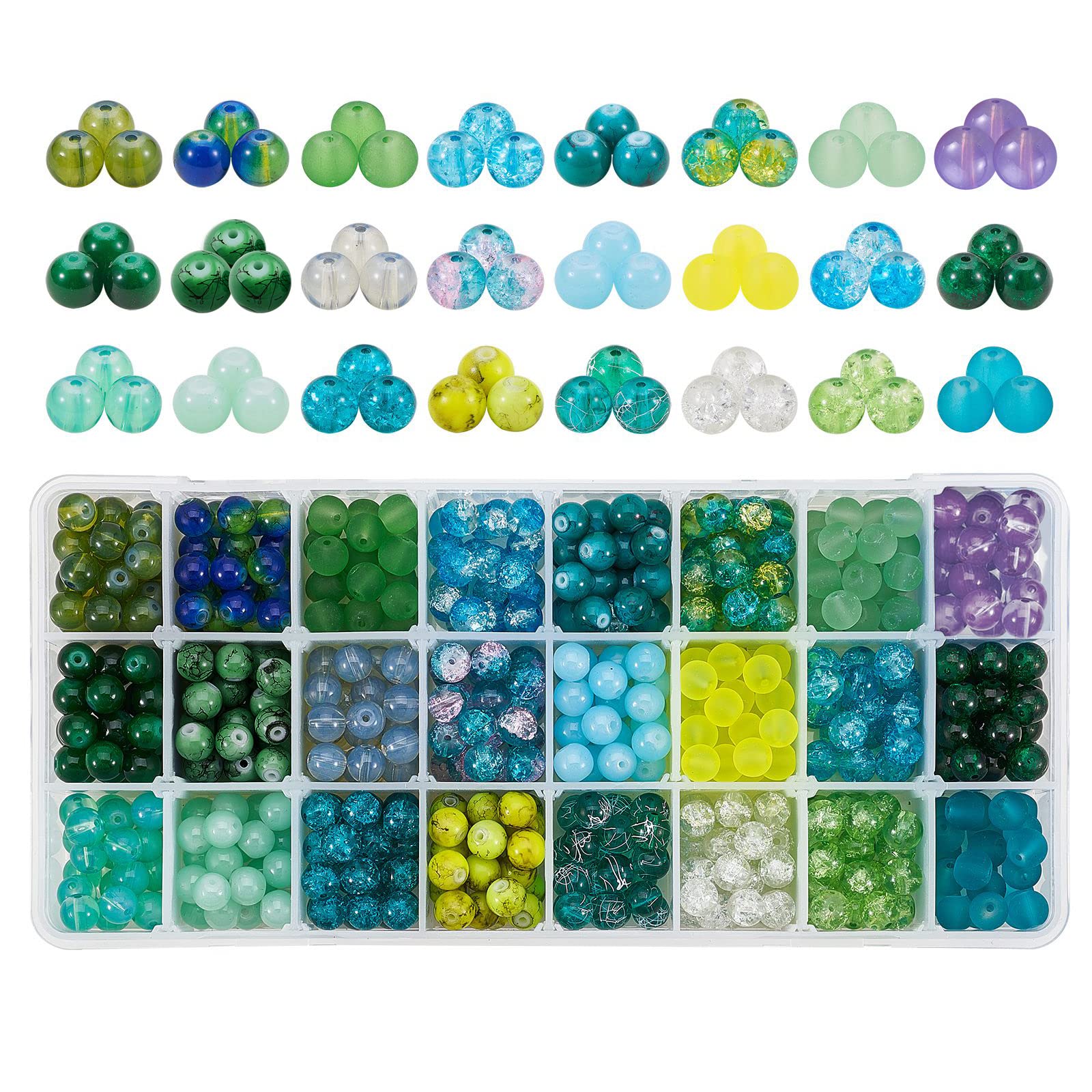 PH PandaHall 672pcs 8mm Green Glass Beads for Saint Patrick's Day, 24 Color Bracelet Beads Irish Round Beads Loose Beads for Earring Necklace Bracelet Jewelry Making