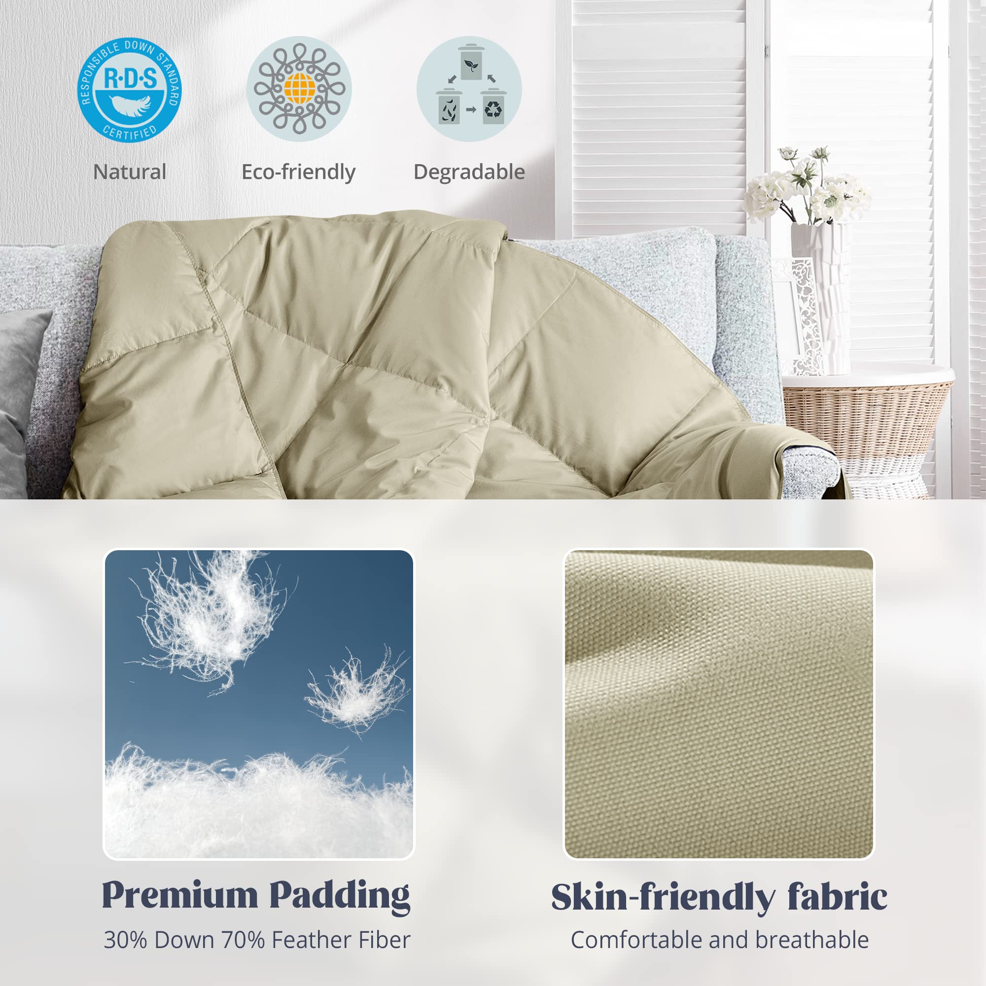 Amazon.com: puredown® Soft Down Throw Blanket Lightweight Packable Couch  Throw for Indoor and Outdoor Use, 50X70, Beige : Home u0026 Kitchen