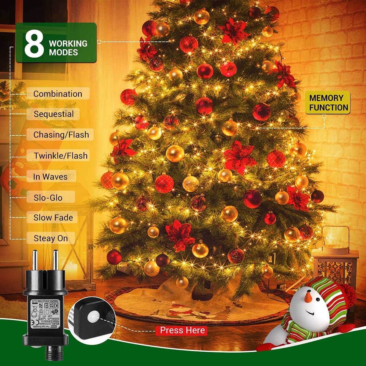 1000LEDs 100M Luci Natale Esterno, Luci per Albero di Natale Impermeabile con 8 Modalità, Catena Luminosa Esterno Luci Natalizie per Albero/Natale/Giardino/Interno/Festa, Bianco Caldo