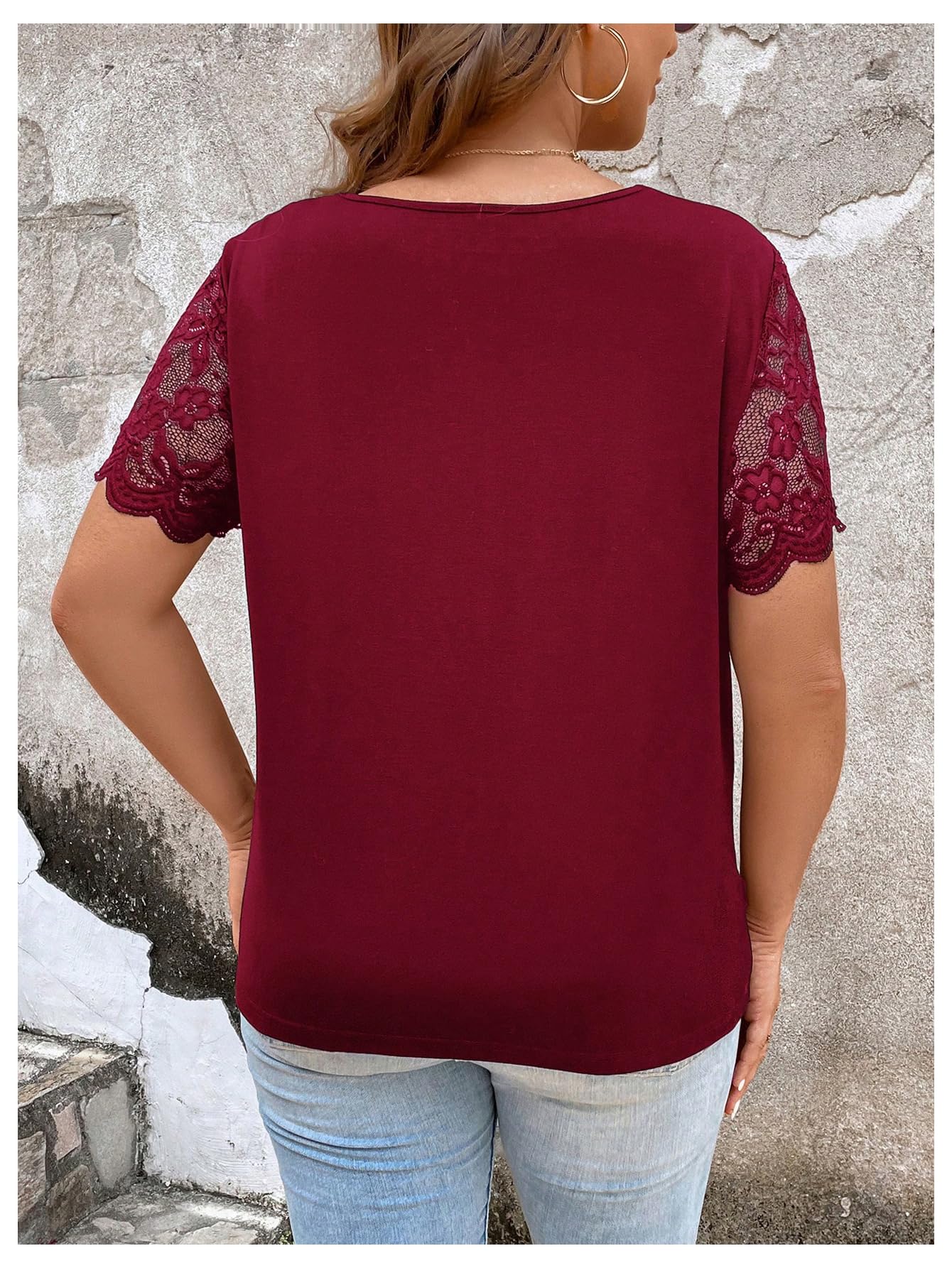 OYOANGLE Women's Plus Size Summer Lace Scallop V Neck Short Sleeve Blouse Shirt Tops