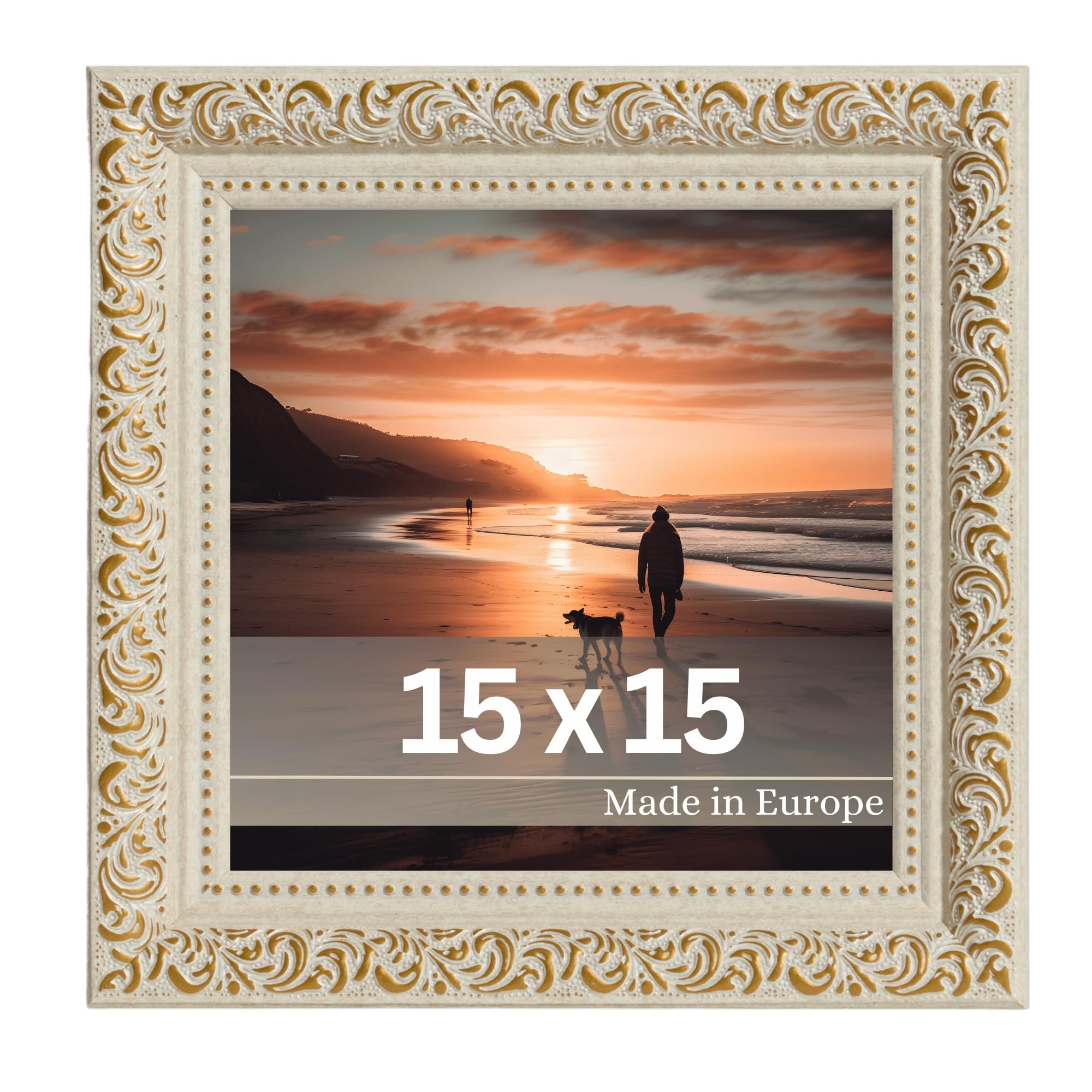 VictoR vintage Bilderrahmen „Rubens“ in 15x15 cm gold beige - Leiste: 30x20mm - Echtglas - Fotorahmen barock - antik - Bilderrahmen 15x15 gold - Quadratisch