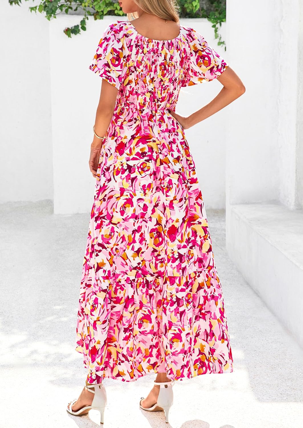 PRETTYGARDEN Boho Dresses for Women 2026 Summer Floral Short Sleeve V Neck Smocked Flowy Beach Vacation Maxi Dress - Image 2