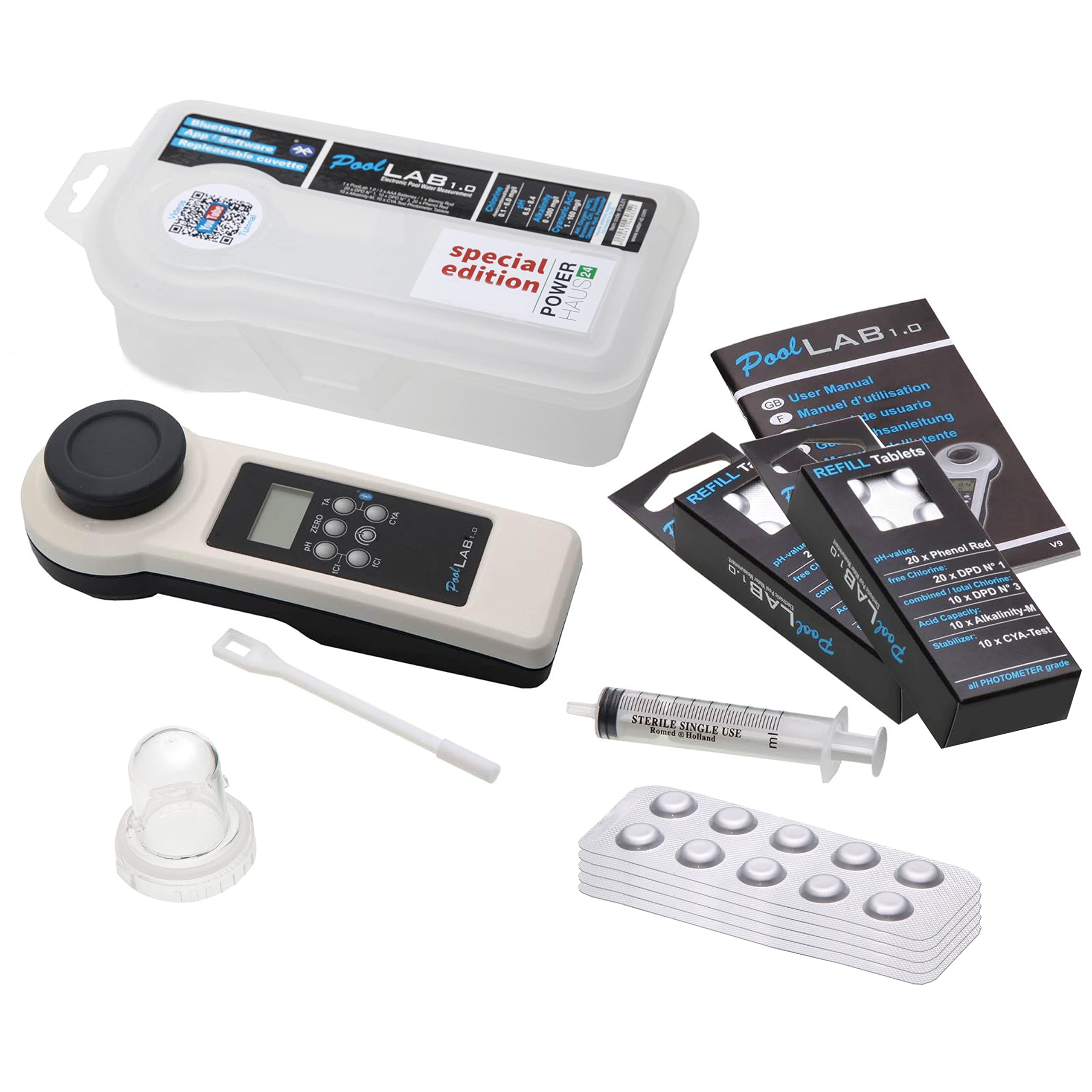 POWERHAUS24 Pool Lab Special Edition 13 en 1, Bluetooth 4.0, actualizaciones gratuitas, con accesorios y reactivos, EXTRA: 2 unidades de recarga con 70 reactivos
