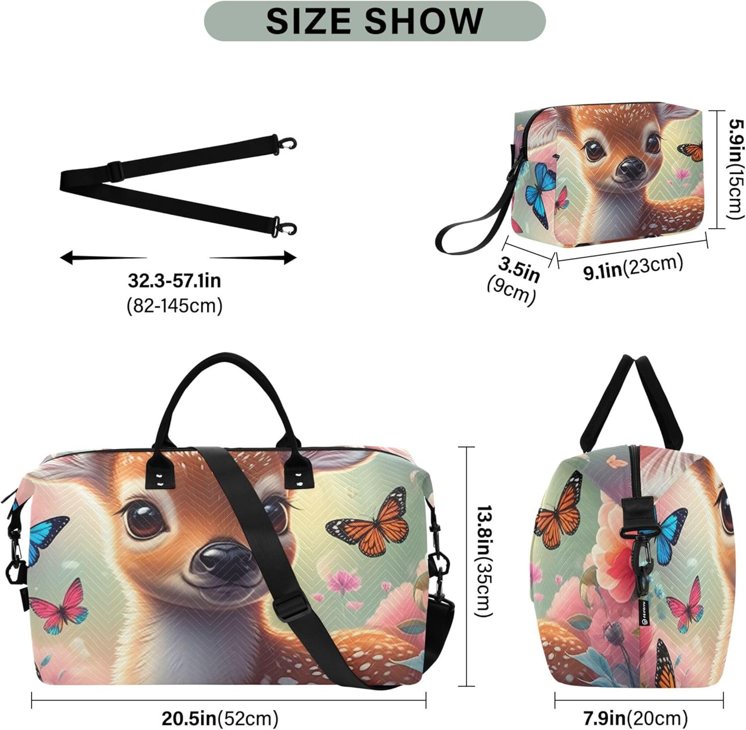 かわいい鹿の春の花柄のダッフルバッグ レディース トラベル&amp;メイクアップポーチ 2個セット、フローラルウィークエンダー キャ