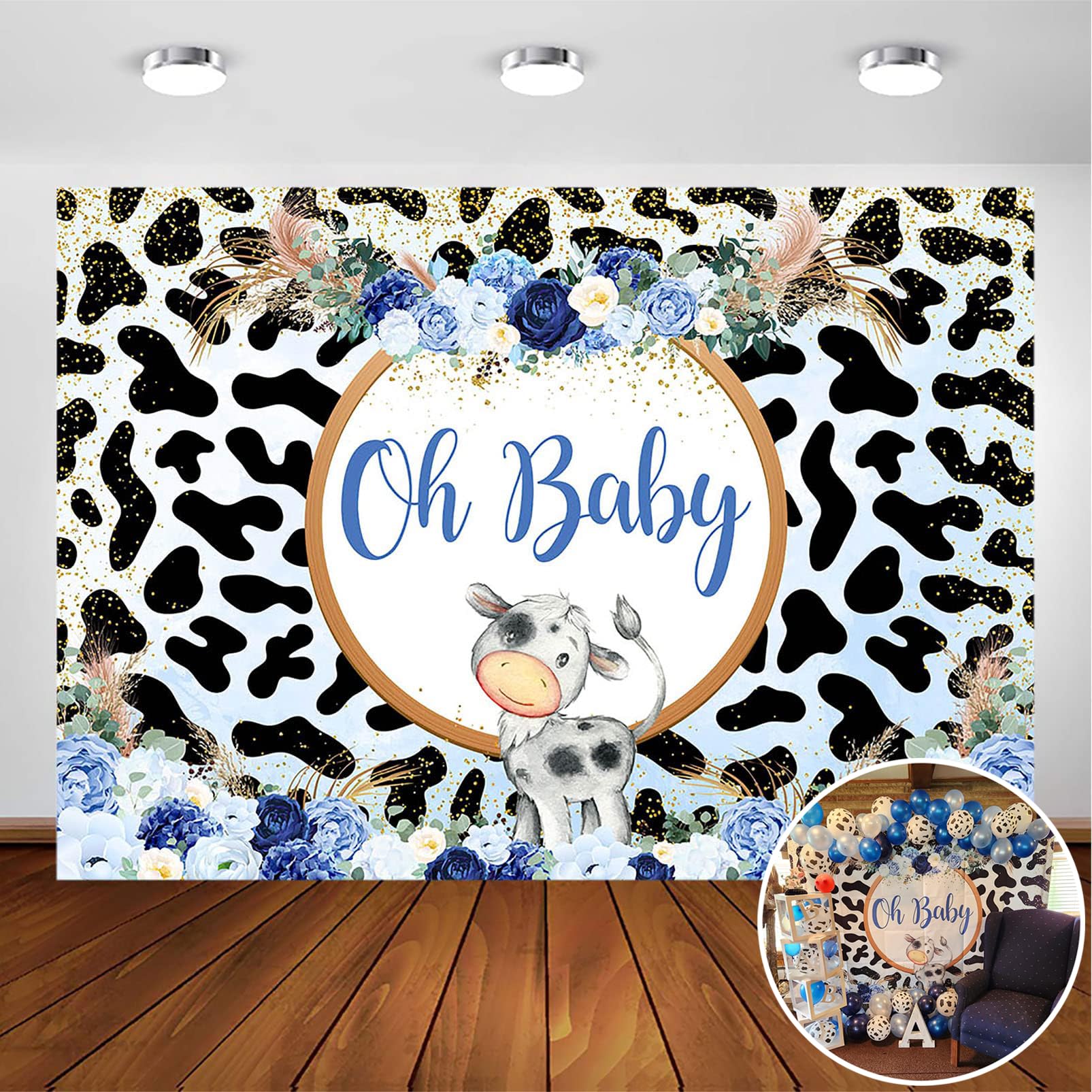 Avezano Milk Cows Baby Shower Backdrop Oh Baby Sign Baby Shower Party Decorations Blue Cow Stripes Floral Backdrops Cake Table Banners Boys