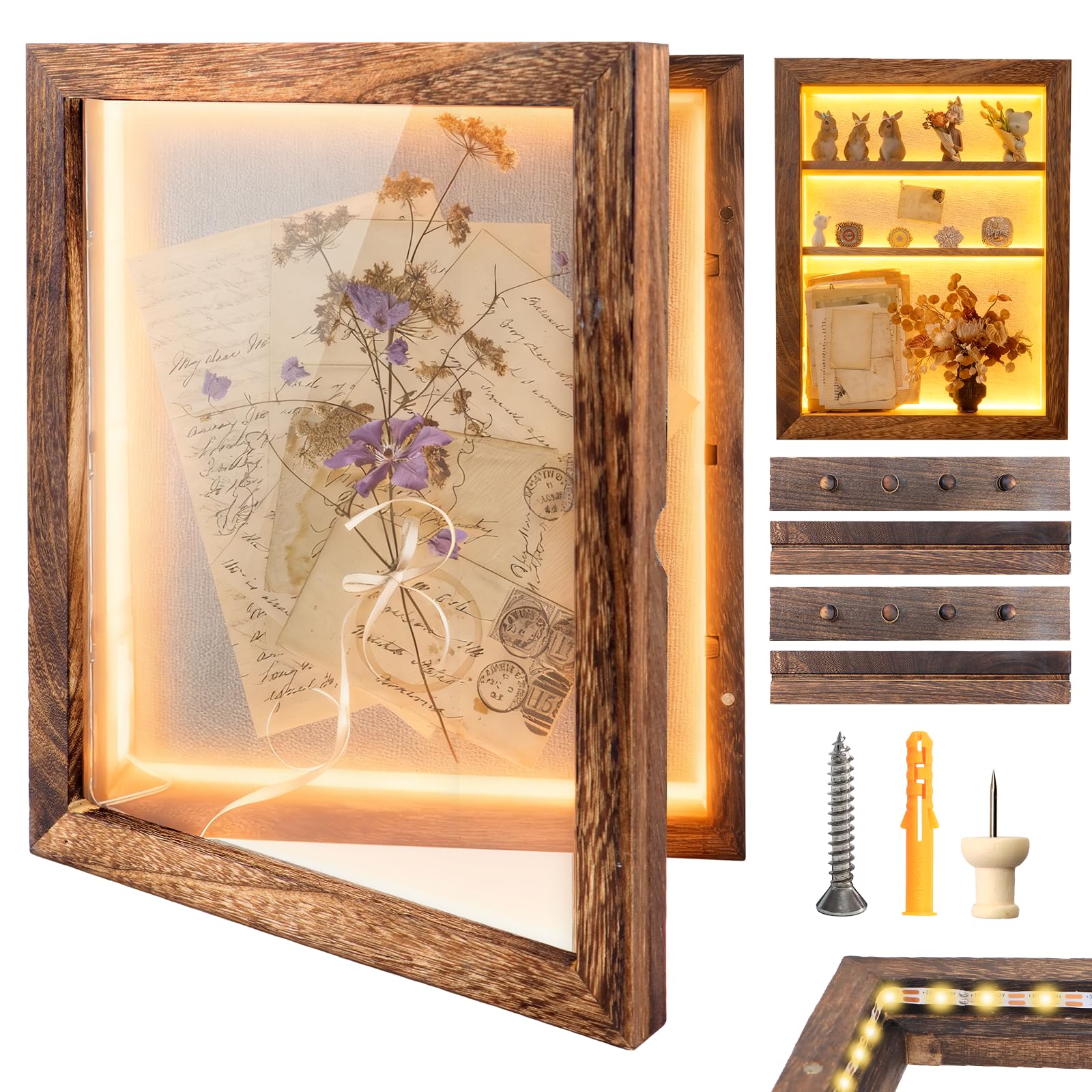 Shadow Box 14 x 11 brązowe ramki na zdjęcia z oświetleniem LED, pudełka na pamiątki z 4 wyjmowanymi półkami na drobiazgi, na rocznicę, ślub, dla absolwentów dziecka, pamiątka, zbieraj głęboki brąz