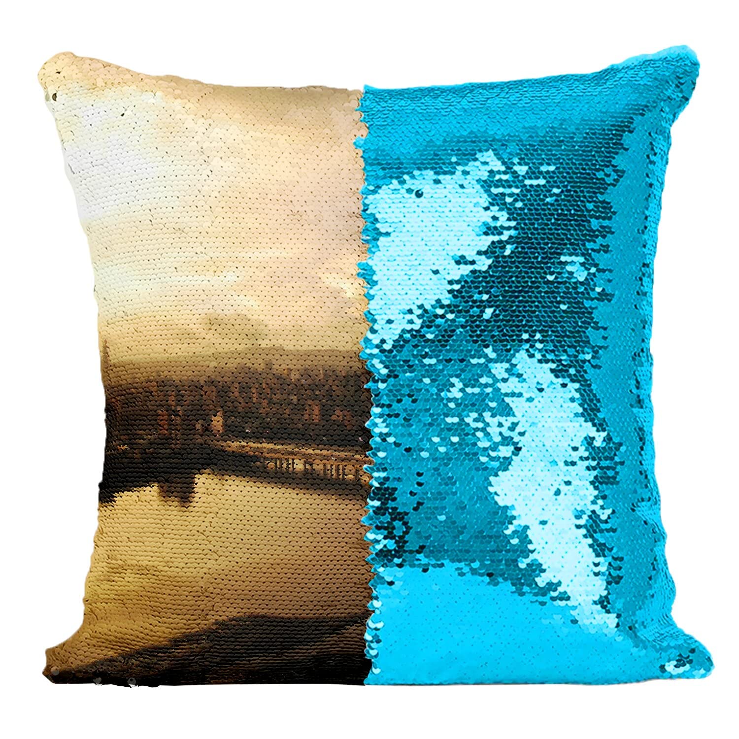 Coussin paillettes turquoise et or avec paysage urbain réversible