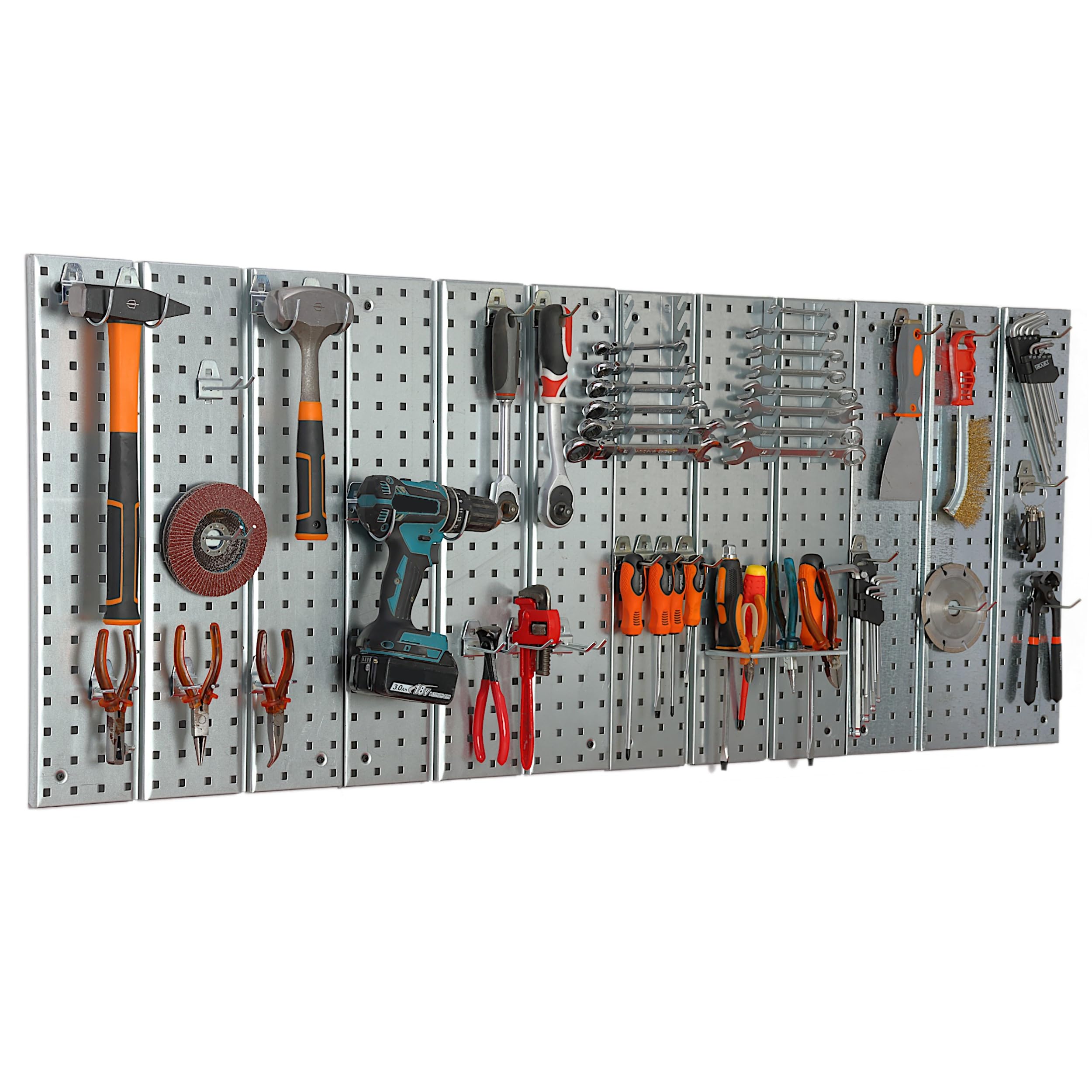 Pared de herramientas de metal, 155 x 72 cm, sistema de almacenamiento con soporte para herramientas, gancho para herramientas, tabla de agujeros, taller, garaje, herramientas eléctricas, pared
