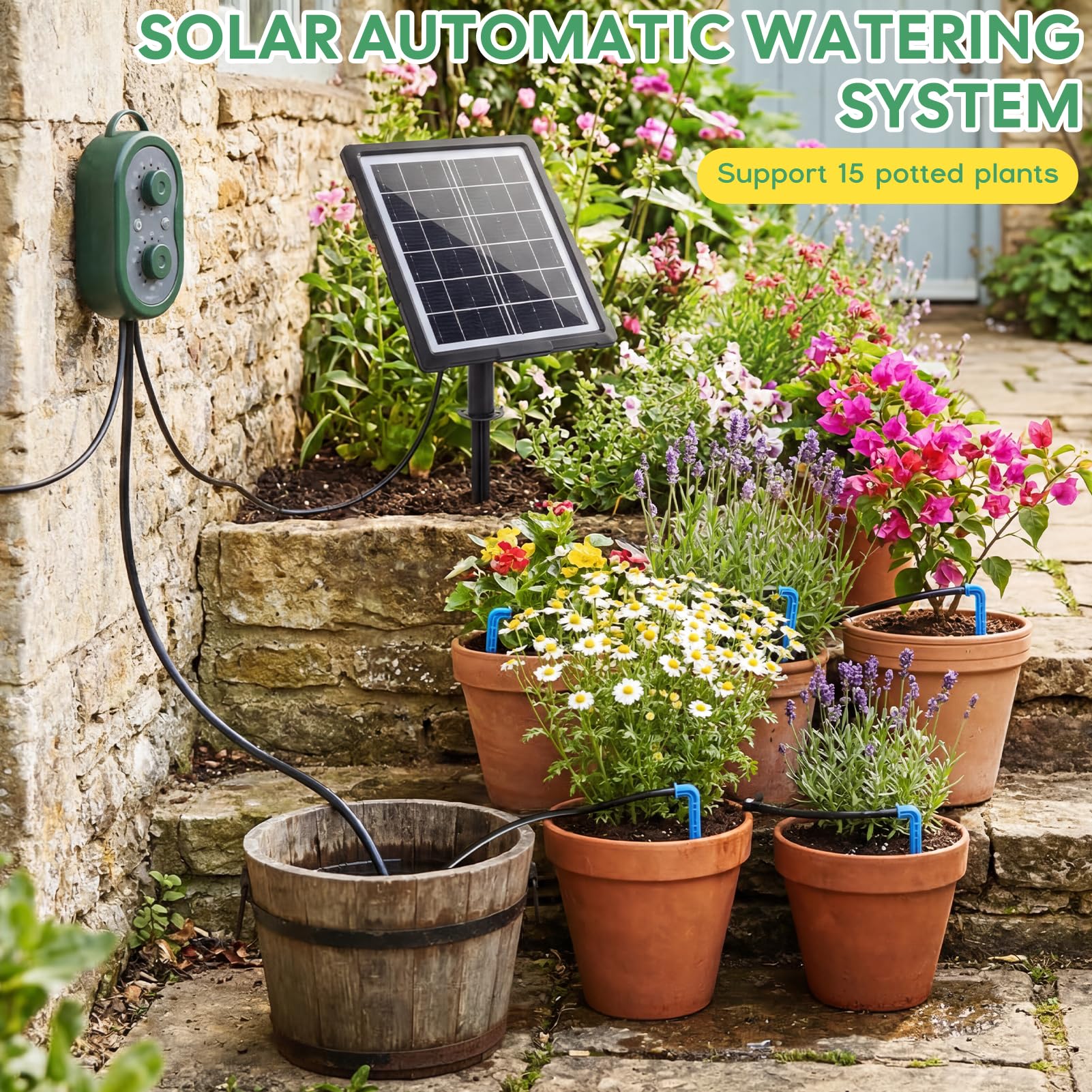 Sistema de Riego Solar para Jardín, Kit Riego Por Goteo Autorriego con Temporizador para 15 Macetas, Riego por Goteo Automatico para Interior Exterior Jardín Terraza Balcone Plantas Verdura