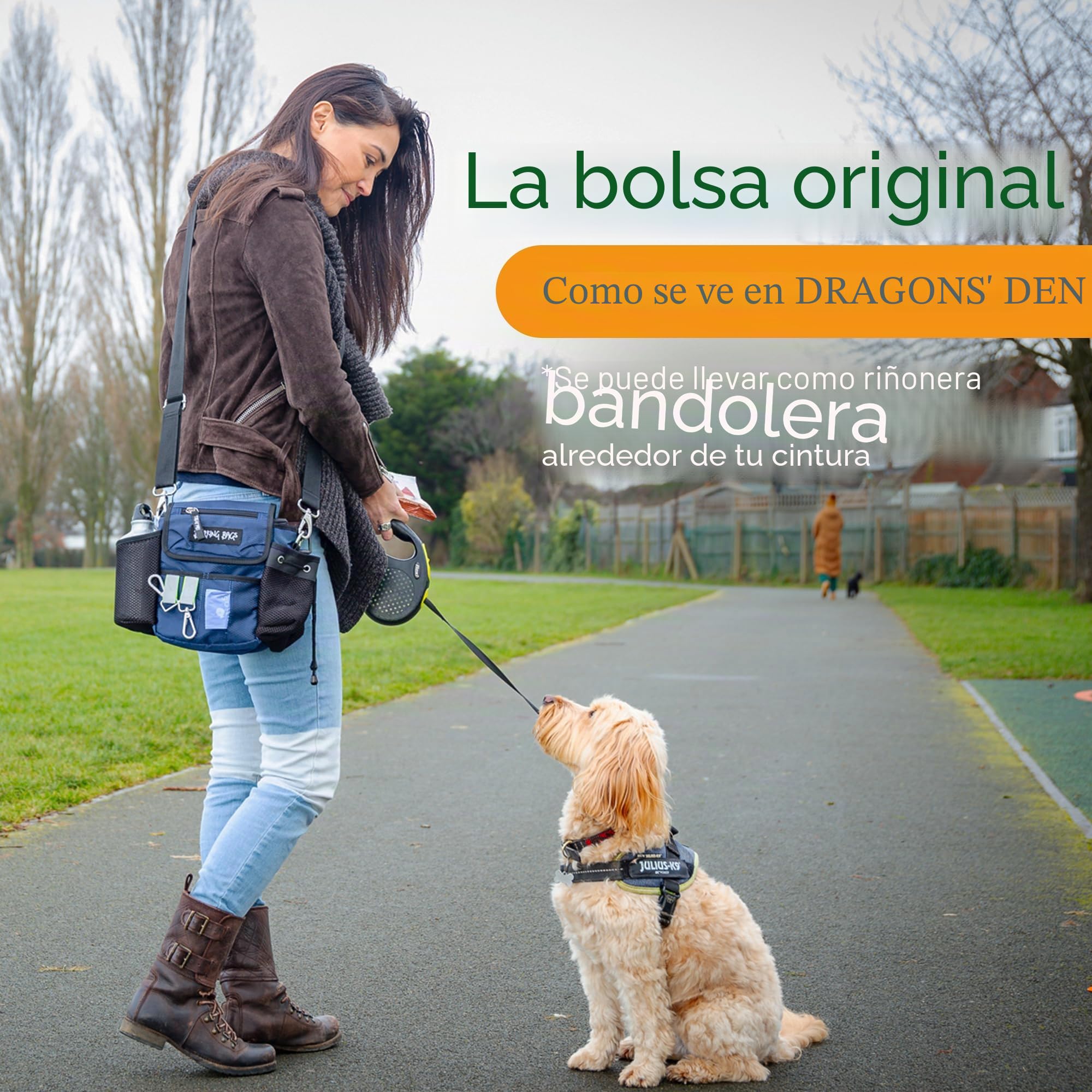 La bolsa original para pasear perros | Como se ve en la guarida de los dragones | Diseño ligero y práctico | Lleva juguetes y golosinas para perros, bolsas para excrementos
