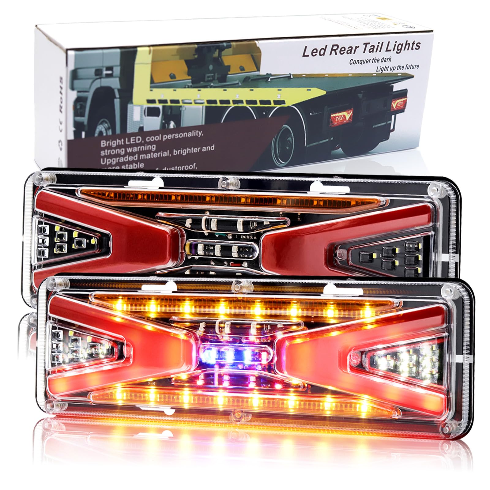 LED Truck Tail Lights, 24V Truck Brake/Trailer Taillights, Rear Turn Signal/Reverse/Running Lights Amber/White/Red/Blue for Flatbed Trucks Tractor/Camper 1 Pair