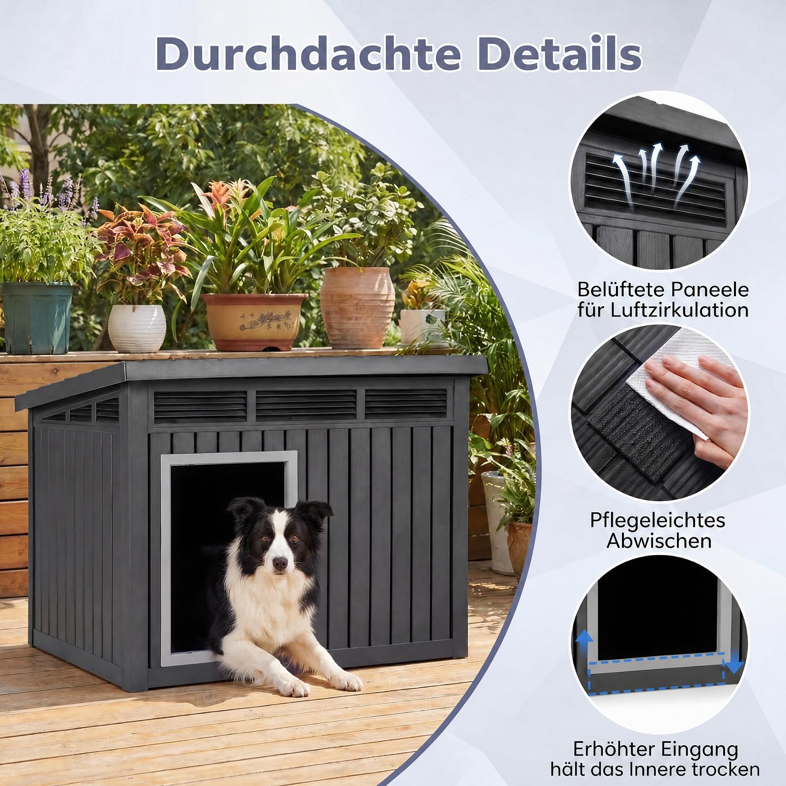 DREAMADE Hundehütte Outdoor, Hundehaus wetterfest | mit aufklappbarem Schrägdach, Gasdruckfedern Belüftungsöffnungen & Ablauflöchern, Hunde Hütte für kleine & mittelgroße Hunde