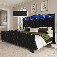 Belffin King Velvet Wingback Bed Frame with 50.9" Headboard, RGB LED Lights, Storage & Charging - No Box Spring, Noise-Free Black