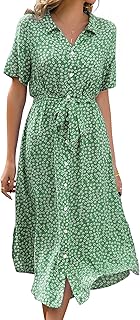 Livonmone Women's Short-Sleeve Summer Dress, Casual, V-Neck, Floral Print Dress, Beach Dress, Sexy, Slit, Midi Dress, Cocktail Dress, Party Dress with Belt