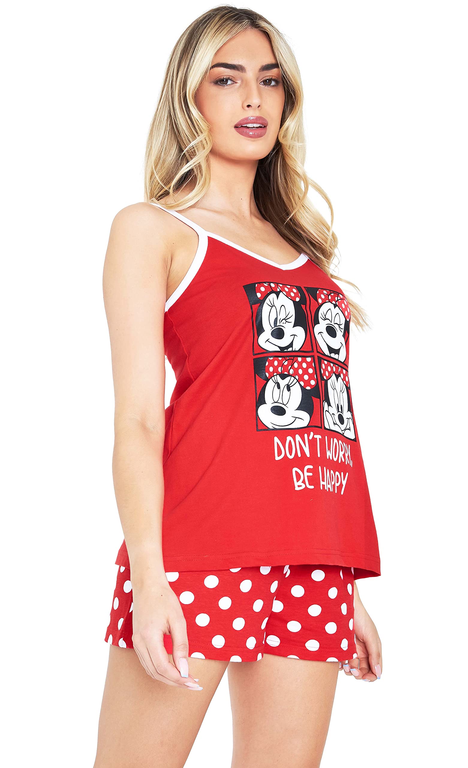 Disney Pijama Mujer, Pijama de Tirantes Mujer, Conjunto Camiseta Manga Tirantes y Pantalón Corto, Pijamas Stitch, Minnie, Mickey S-XL