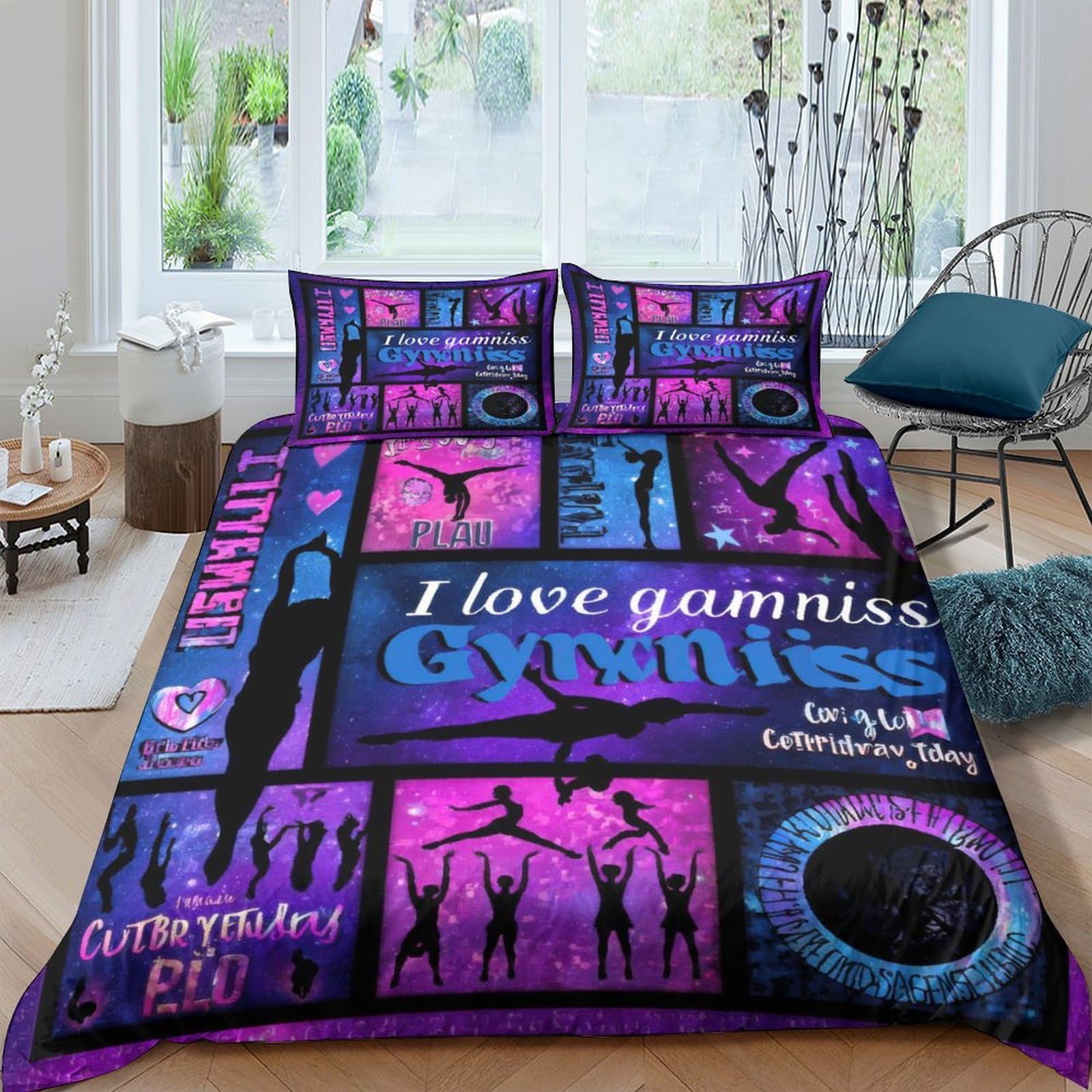 Ctjqhvkz Style-8 3D Printed Gymnastics Silhouette Fitted Sheet Microfiber Purple Blue Abstract Bed Cover For Bedroom Dorm Decor Single（135X200cm）