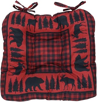 BLACK FOREST DECOR Woodland Bear & Moose Plaid Chair Pad, 17" W x 17" L
