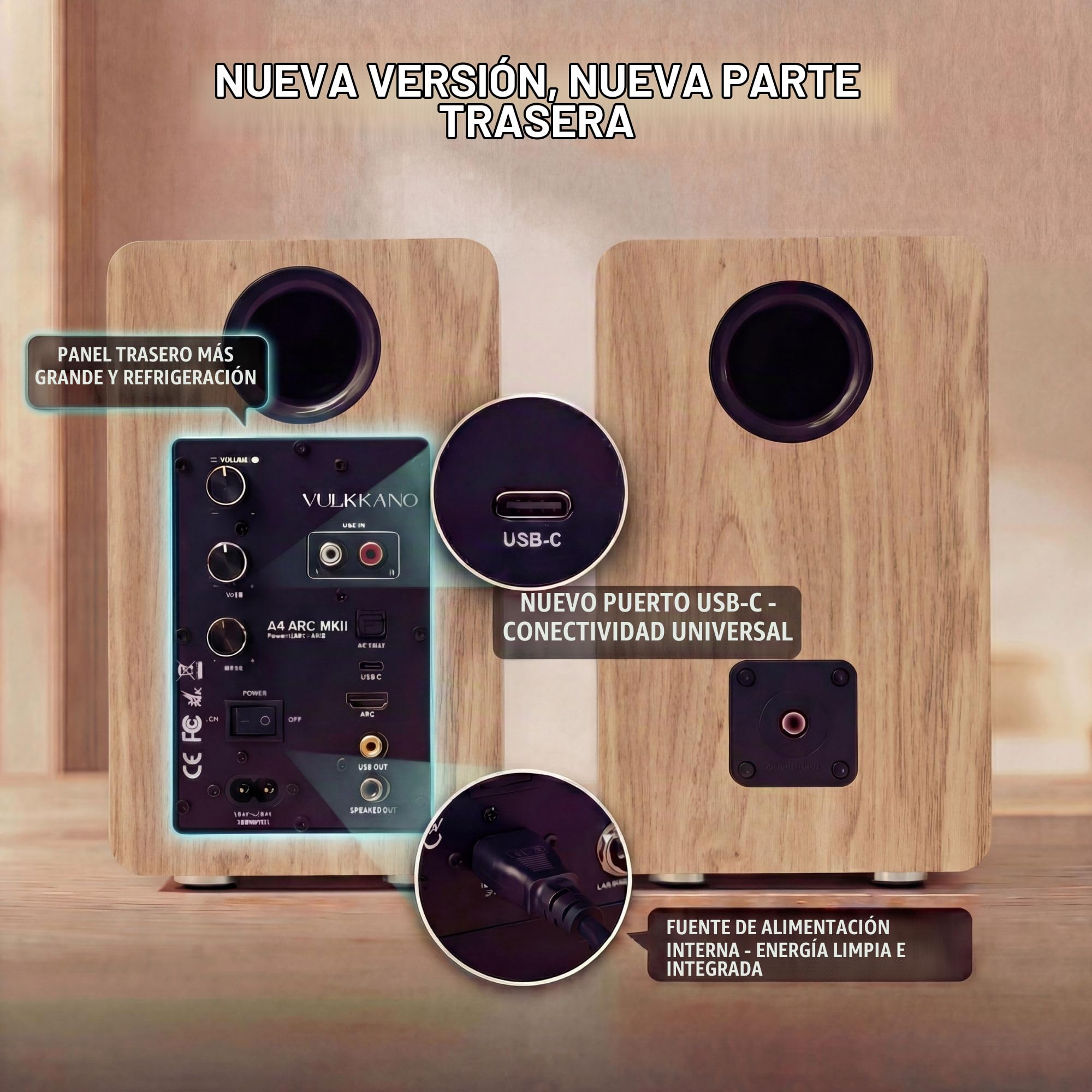 VULKKANO Pack Hi-Fi: Tocadiscos TD10 + Altavoces Autoamplificados A4 ARC MKII con Bluetooth 5.0, HDMI ARC, RCA, USB-C y Subwoofer – Sonido Estéreo de Alta Fidelidad para Vinilos y TV, Diseño Elegante.