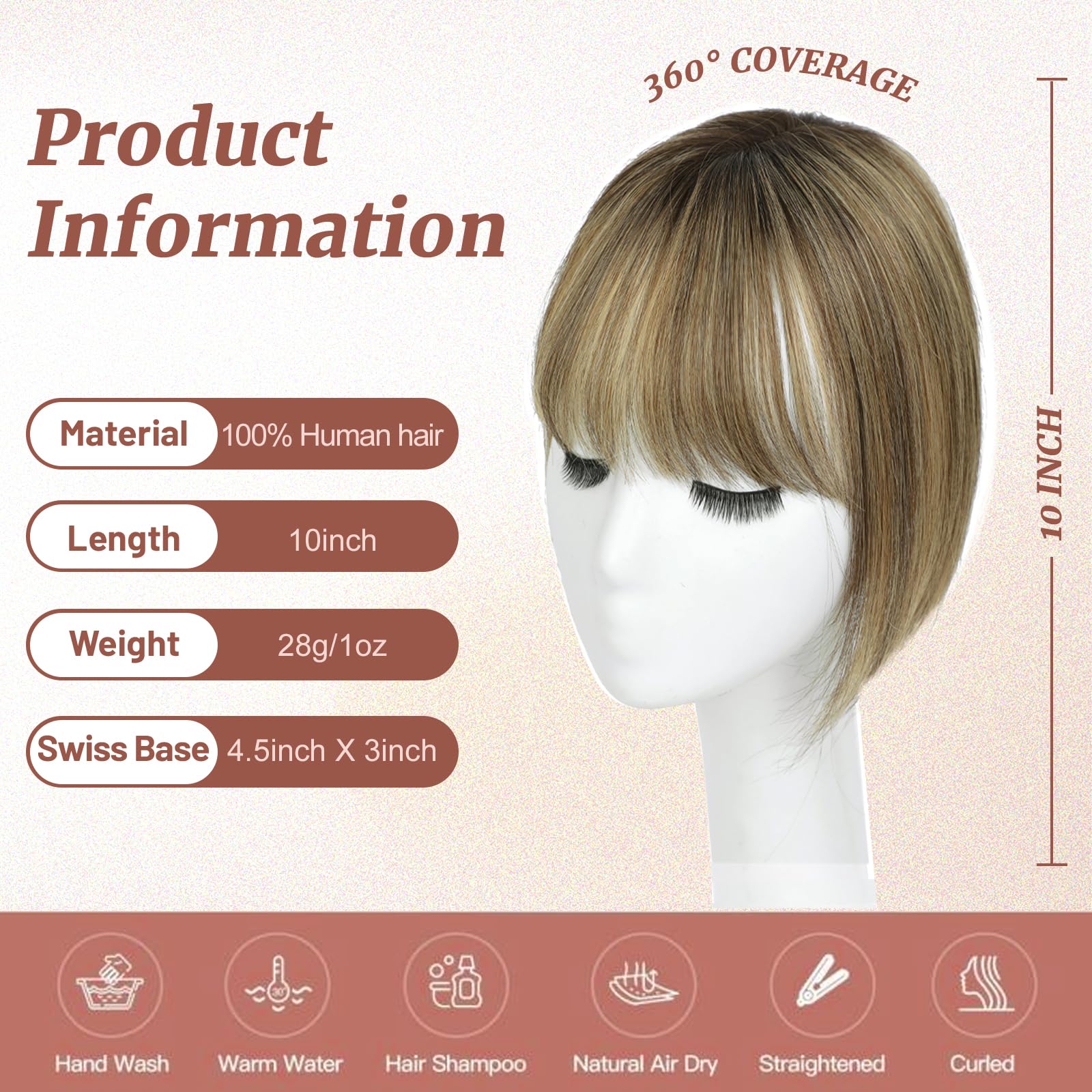 HOLFWALF Human Hair Toppers for Women with Bangs, 4.5 x 3-Inch Swiss Base