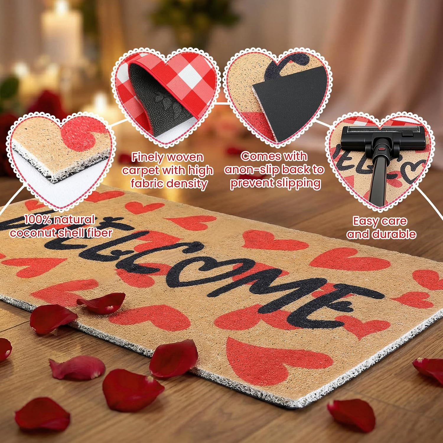 2 Pcs Valentine's Day Doormat Coir Valentine's Day Welcomel Door Mats Outdoor with Non Slip Floor Doormat Red White Check Valentines Rug for Front Porch Entryway Decor