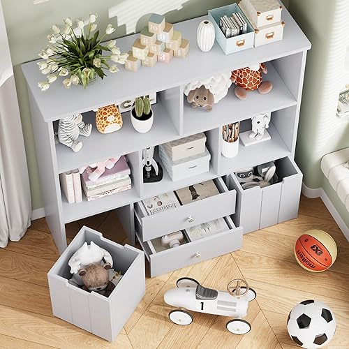 Miniatura 5 de FOTOSOK Organizador de almacenamiento de juguetes con 4 cajones, organizadores de juguetes y almacenamiento con ruedas ocultas y 5 cubos de