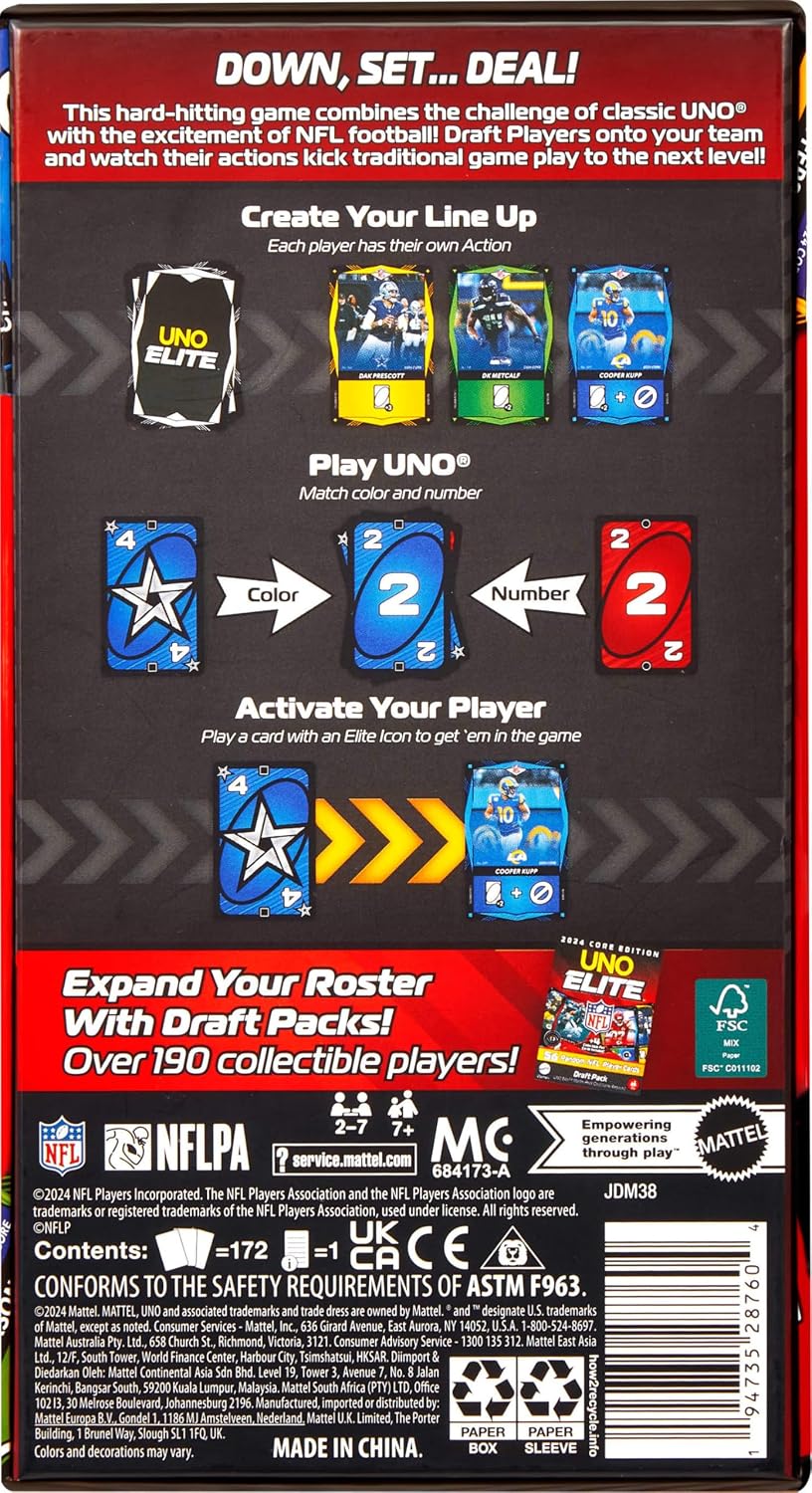 Mattel Games UNO Elite NFL Card Game, 2024 Officially Licensed Core Edition with 4 Collectible Foil Cards Featuring Team Players