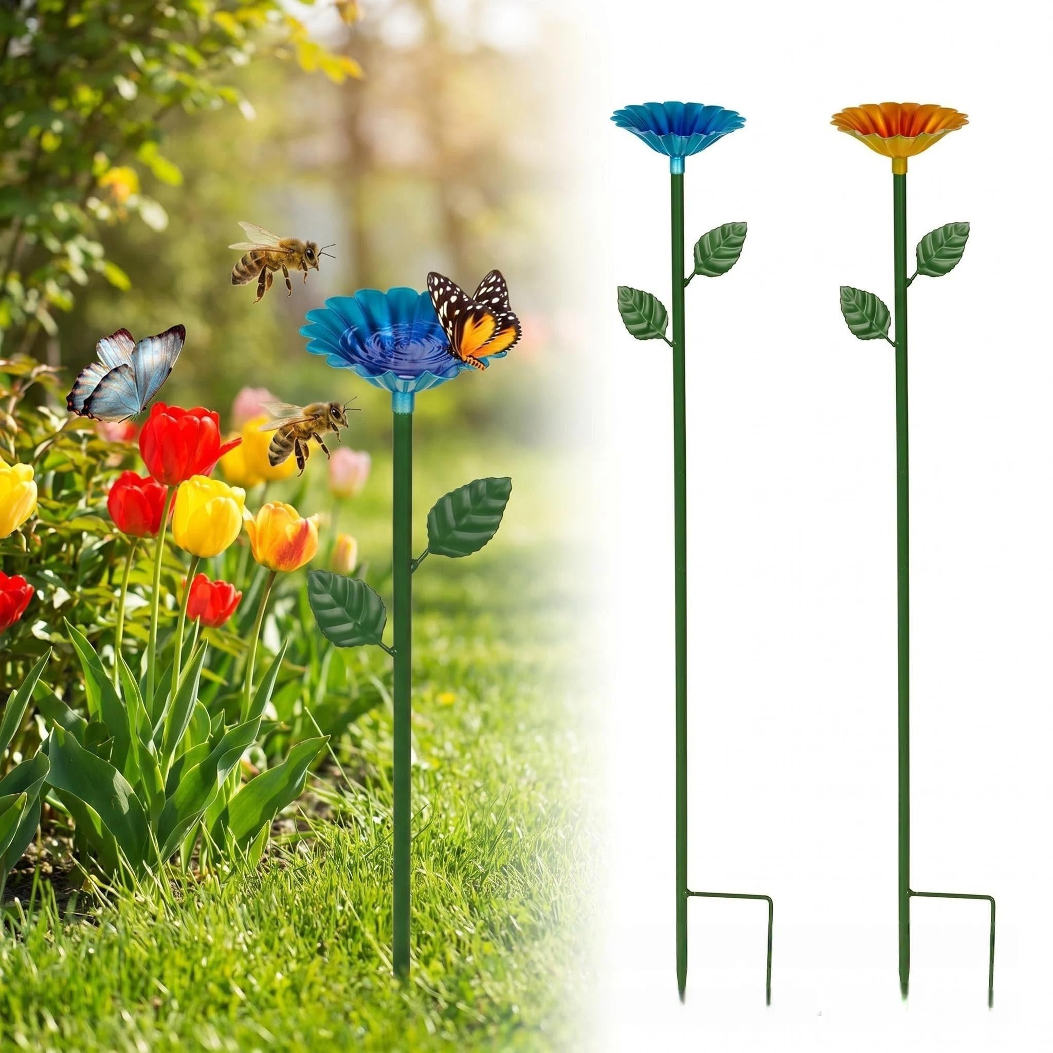 Satiskid 2Pcs Bee Watering Station, Metal Butterfly Hummingbird Feeder, Insect Drinking Cups, Decorative Garden Water Station for Patio, Lawn & Yard (Blue & Yellow)