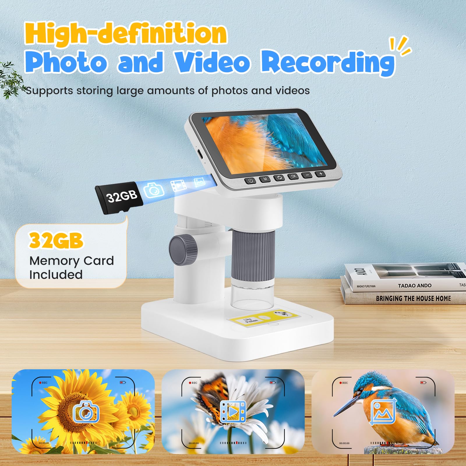 Microscopio digital para niños de 5 a 1000 x, pantalla IPS de 4,5 pulgadas, 1080P, microscopio portátil de mano con tarjeta de 32 GB, foto y vídeo, conexión de PC para escuela naturaleza